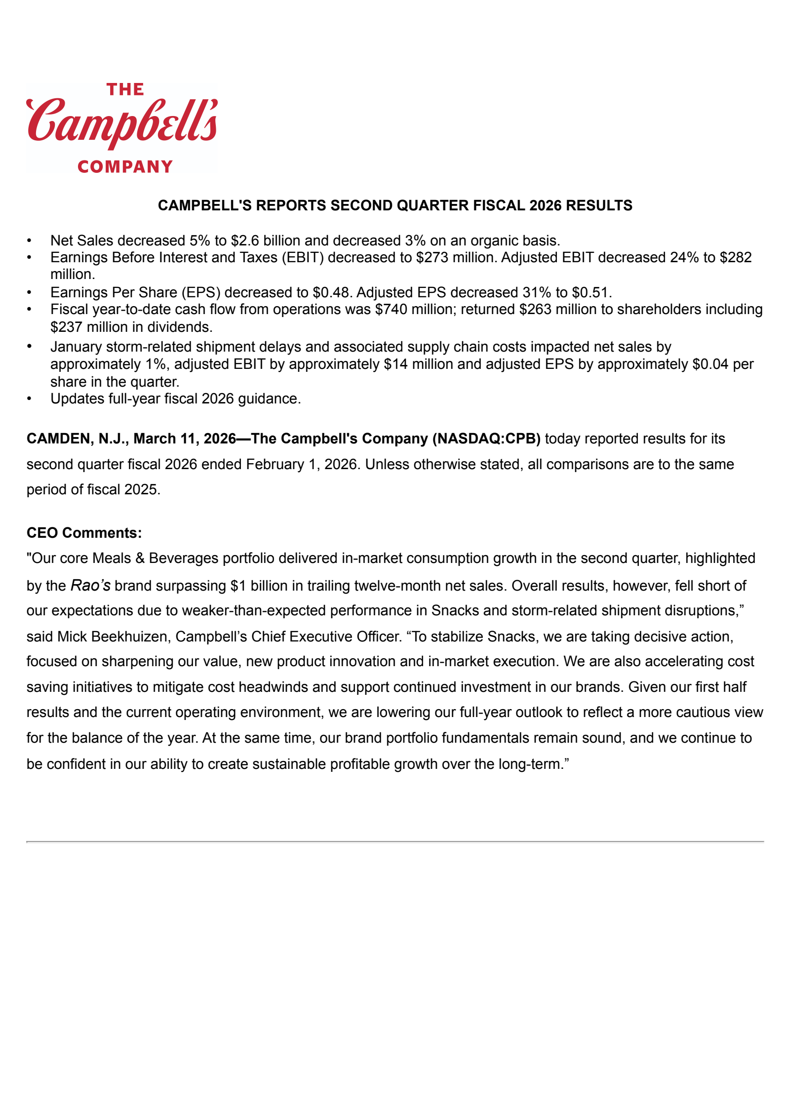 Campbell's' Q2 2026 Press Release