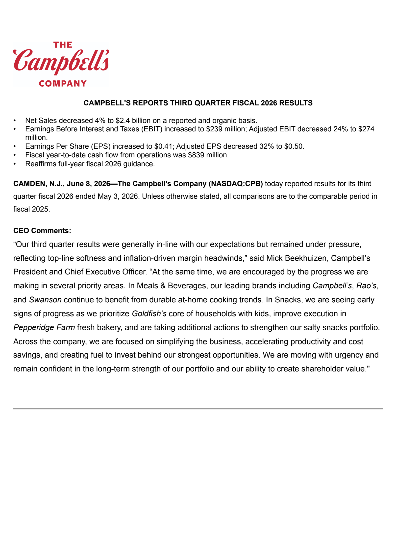 Campbell's' Q3 2026 Prepared remarks Press Release