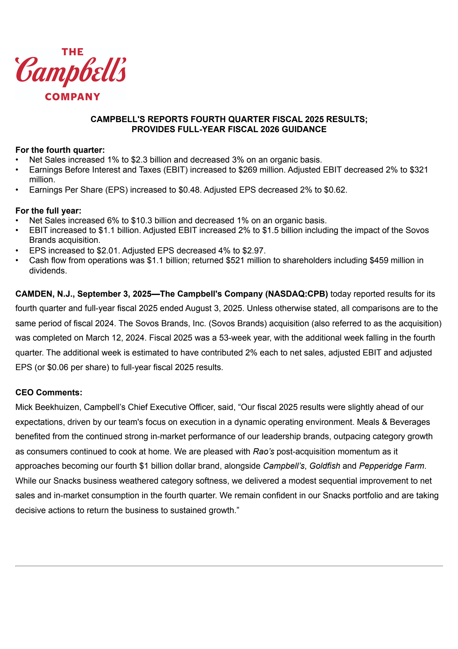 Campbell's' Q4 2025 Press Release