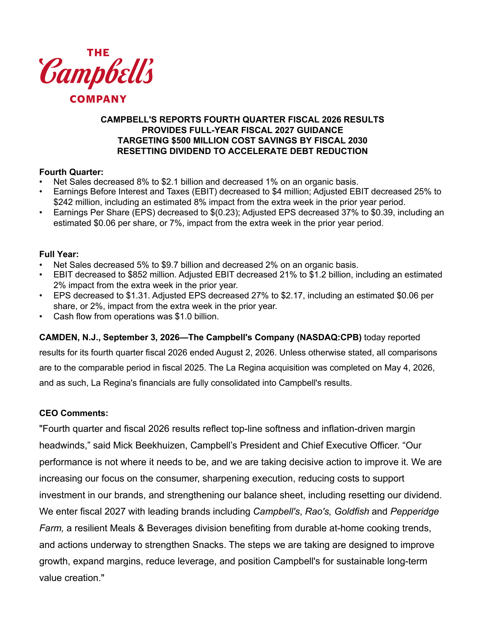 Campbell's' Q4 2026 Prepared Remarks Press Release