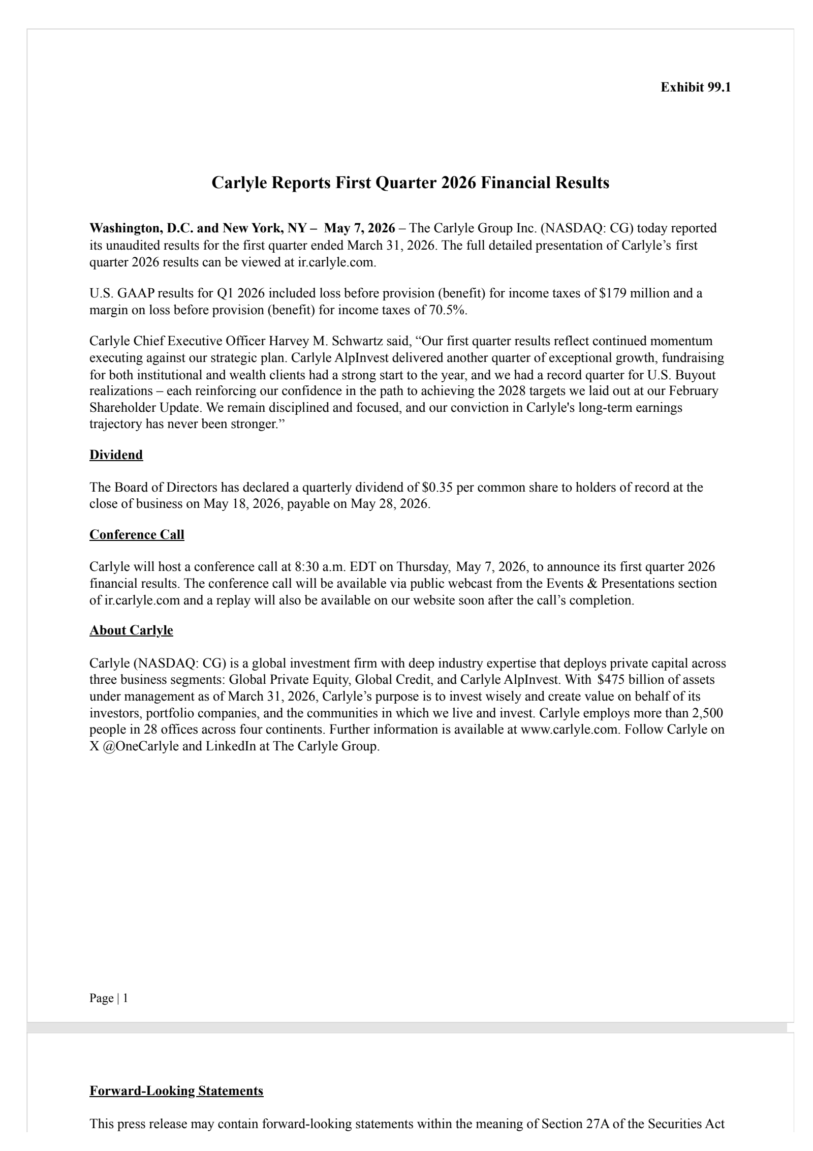 Carlyle Group's Q1 2026 Press Release