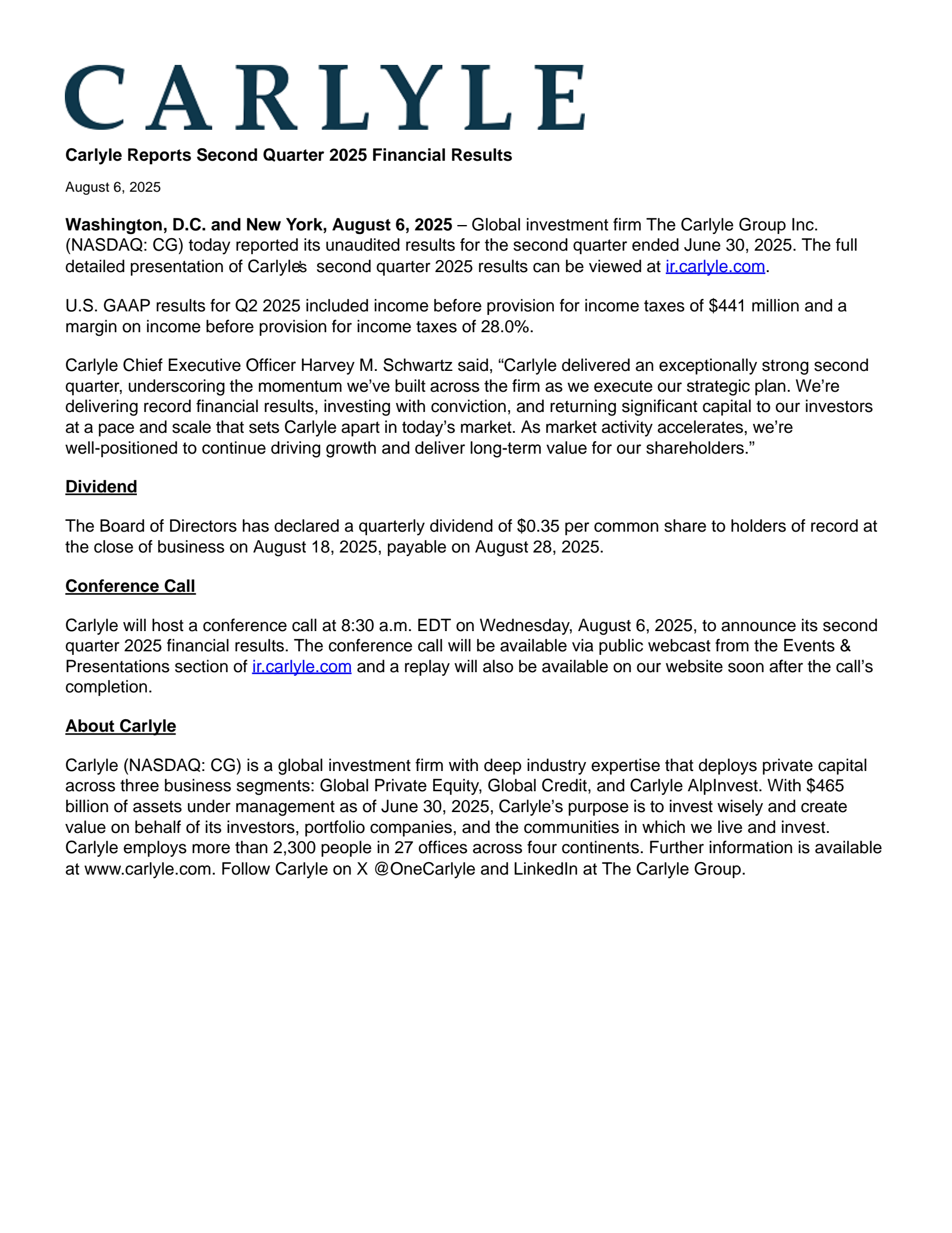 Carlyle Group's Q2 2025 Press Release
