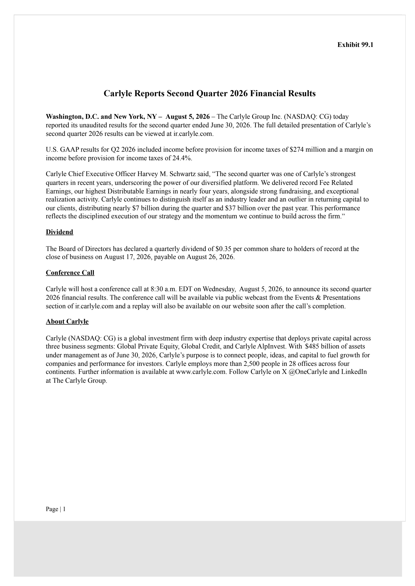 Carlyle Group's Q2 2026 Press Release