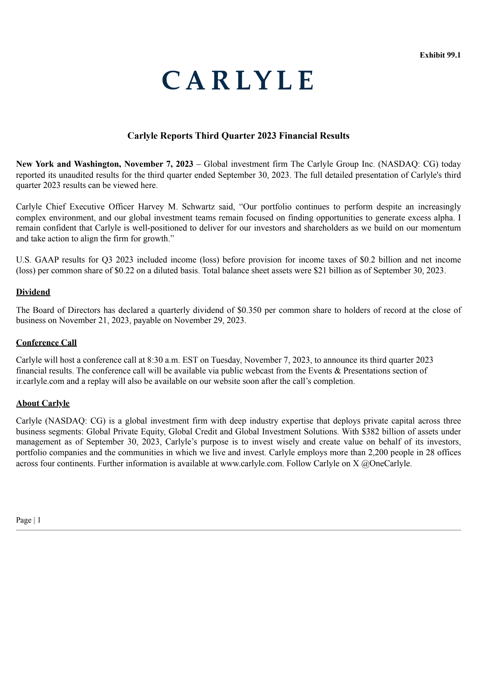 The Carlyle Group's Q3 2023 Press Release