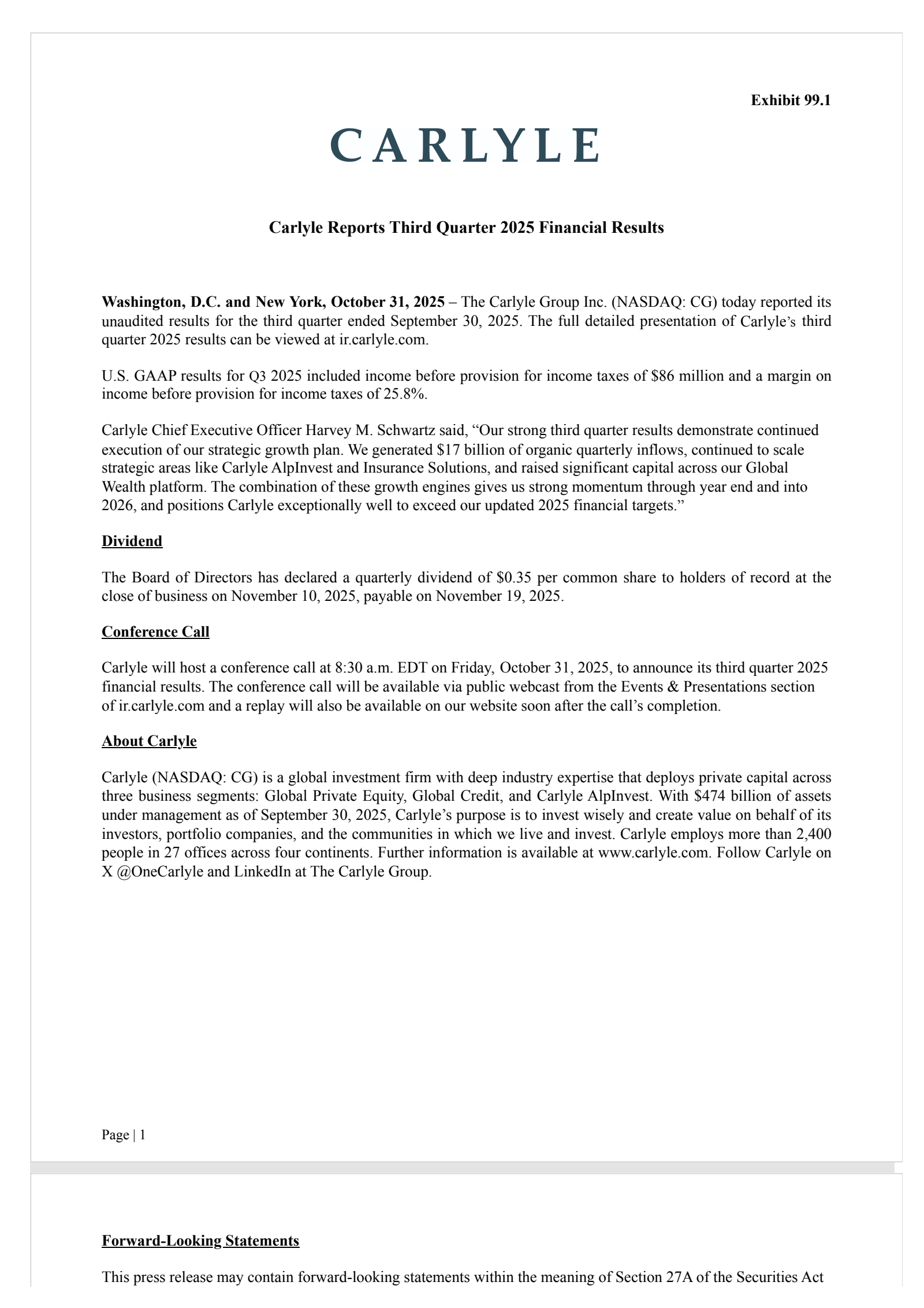Carlyle Group's Q3 2025 Earnings Release