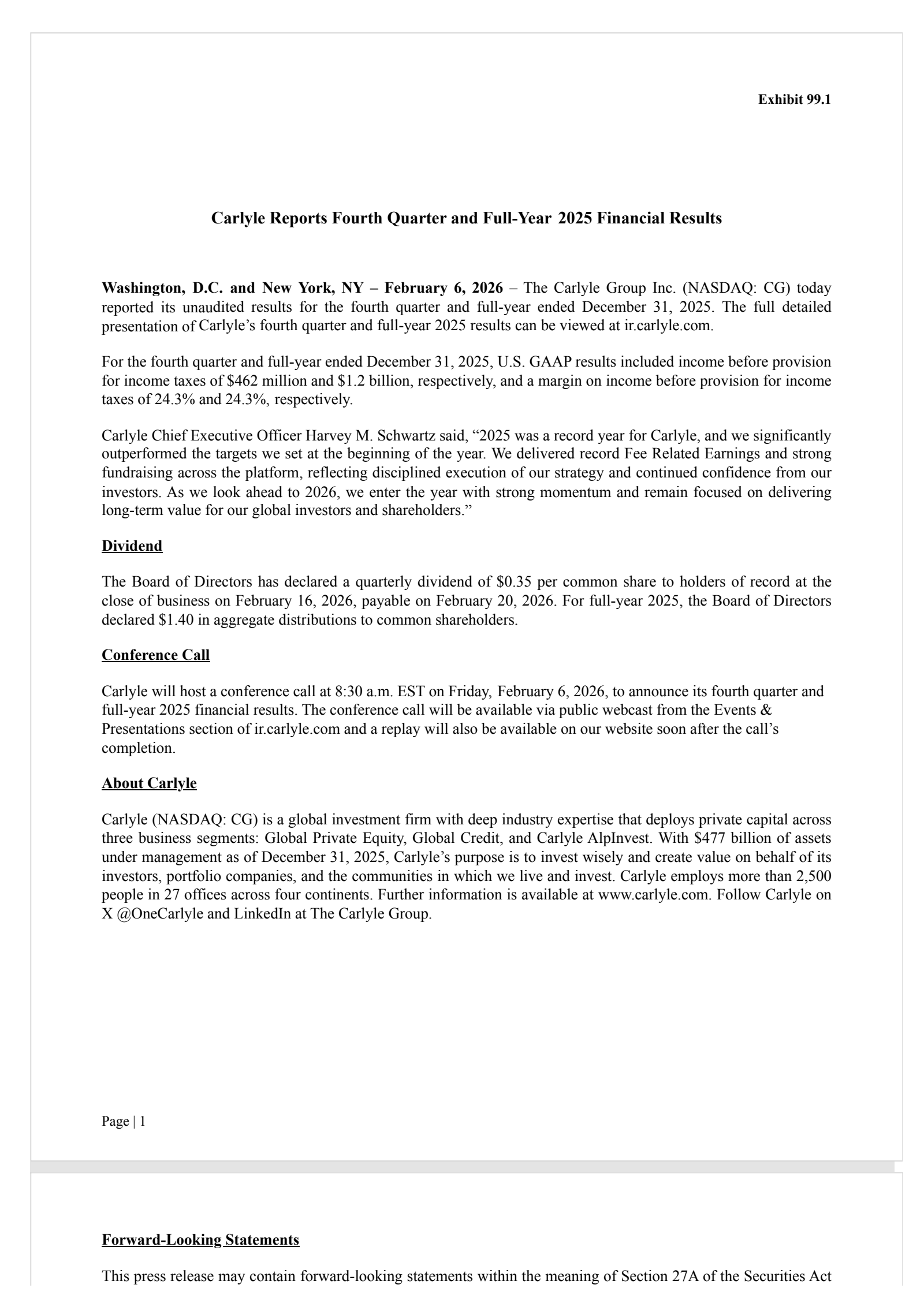 Carlyle Group's Q4 2025 Press Release