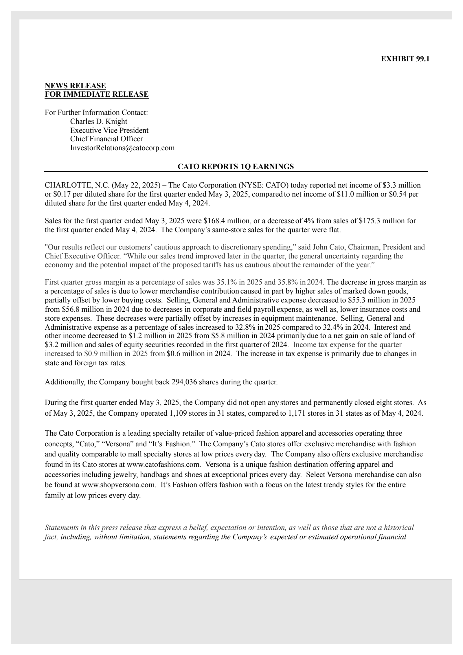 Cato's Q1 2026 Press Release