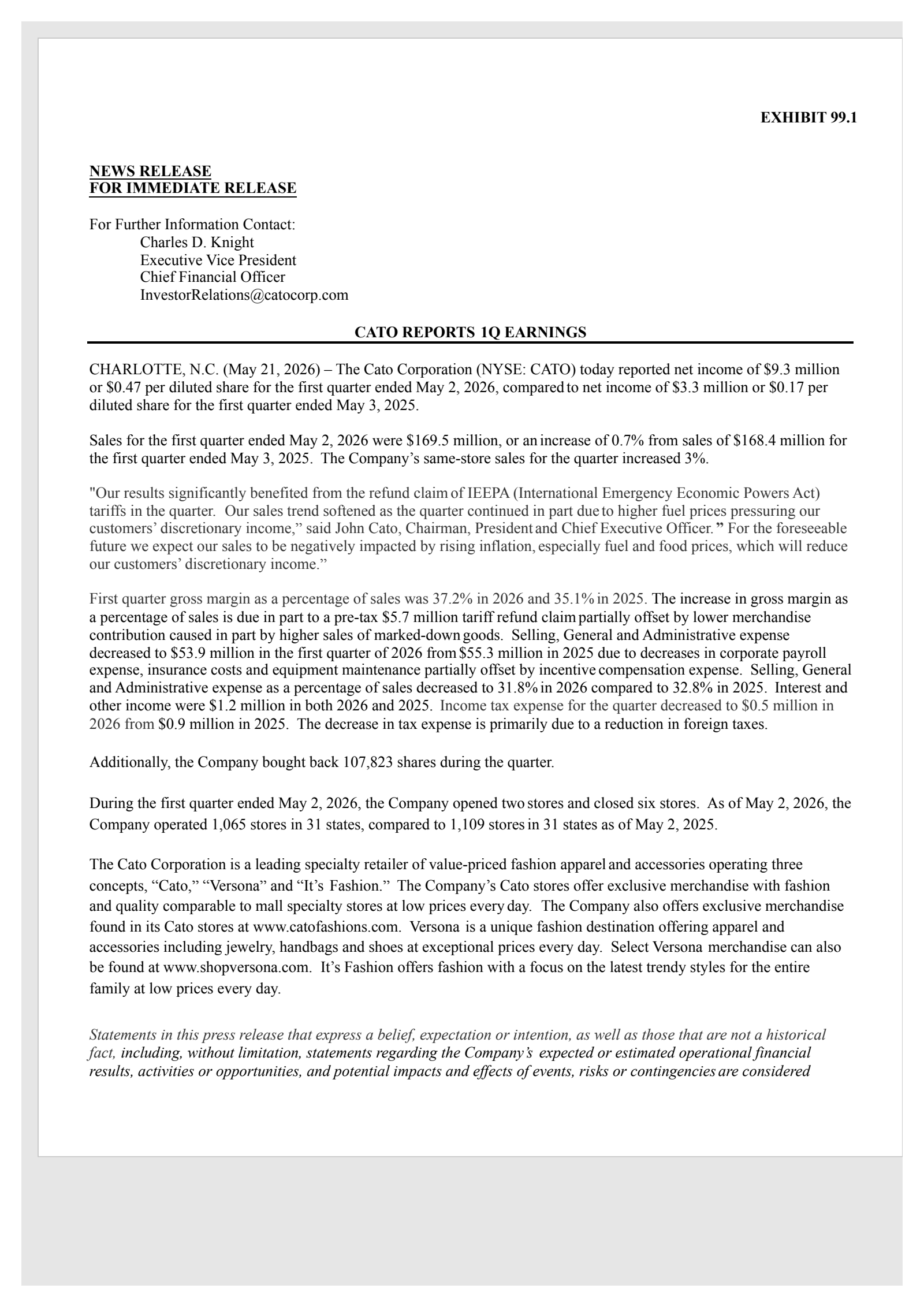 Cato's Q1 2027 Press Release