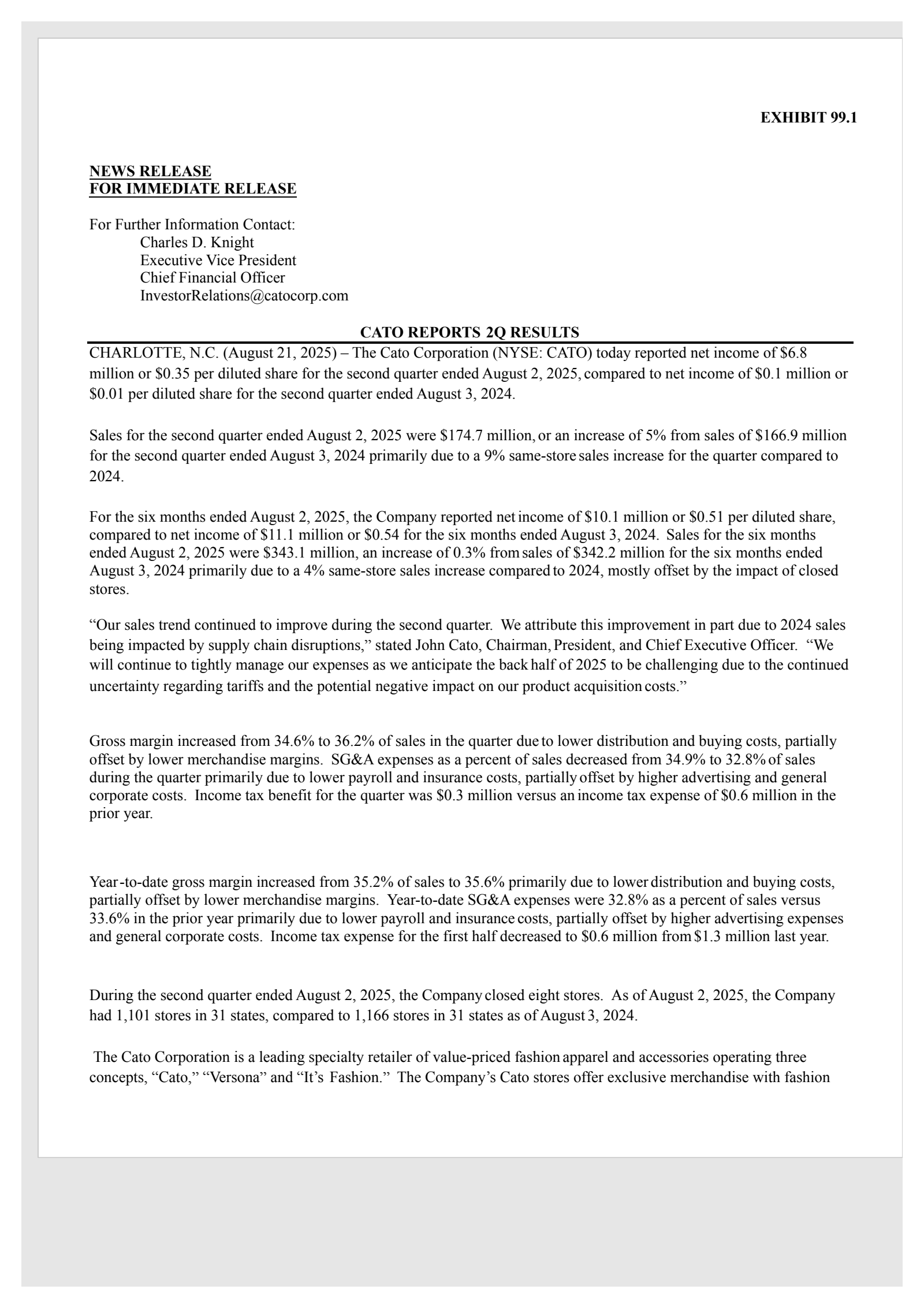 Cato's Q2 2026 Press Release