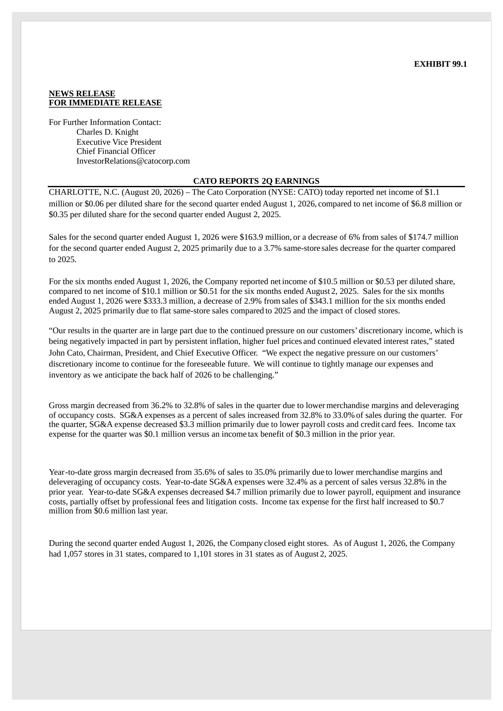 Cato's Q2 2027 Press Release