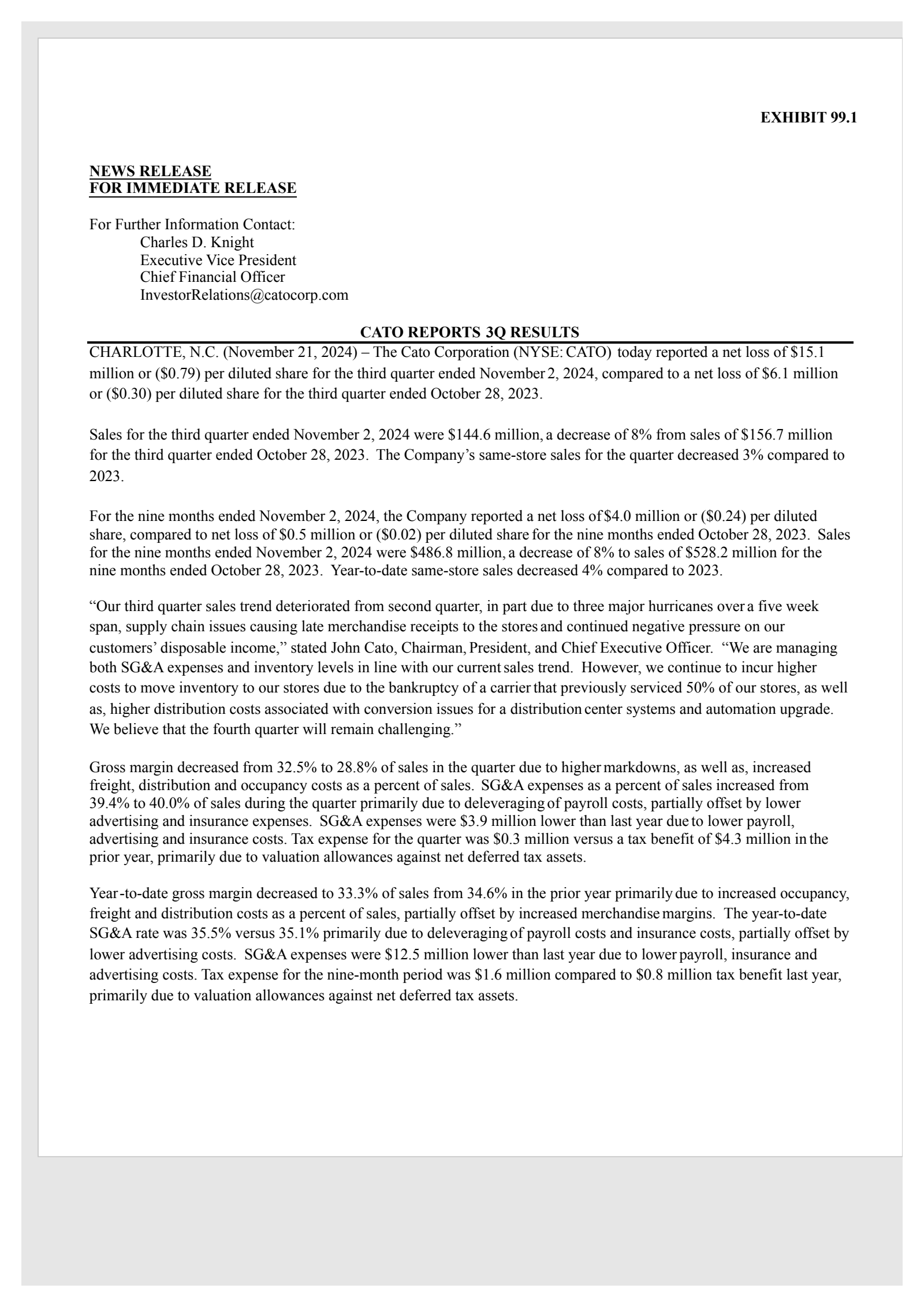 Cato's Q3 2024 Press Release