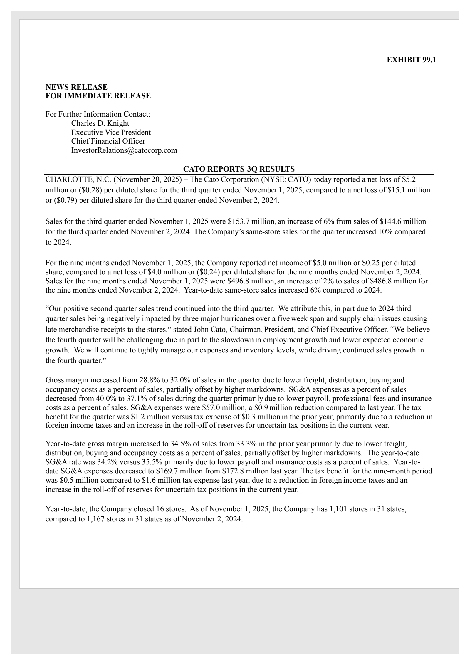 Cato's Q3 2025 Earnings Release