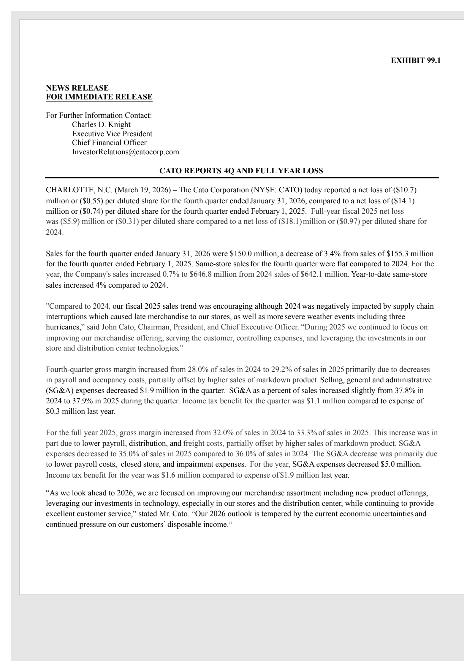 Cato's Q4 2026 Press Release