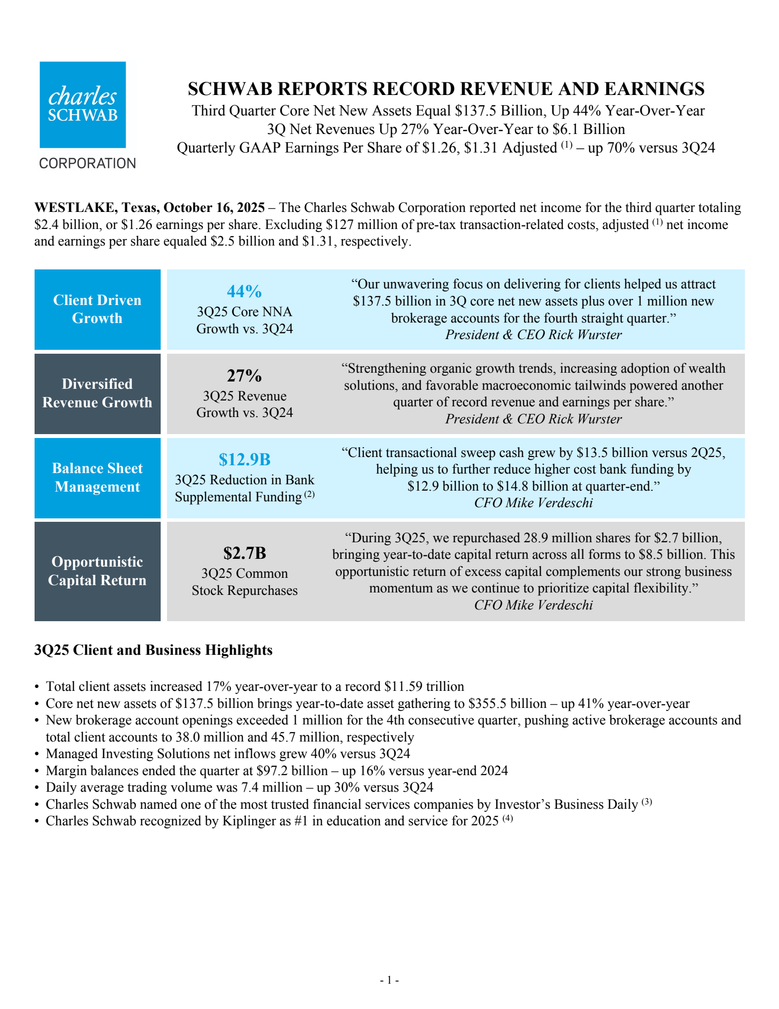 Charles Schwab's Q3 2025 Press Release