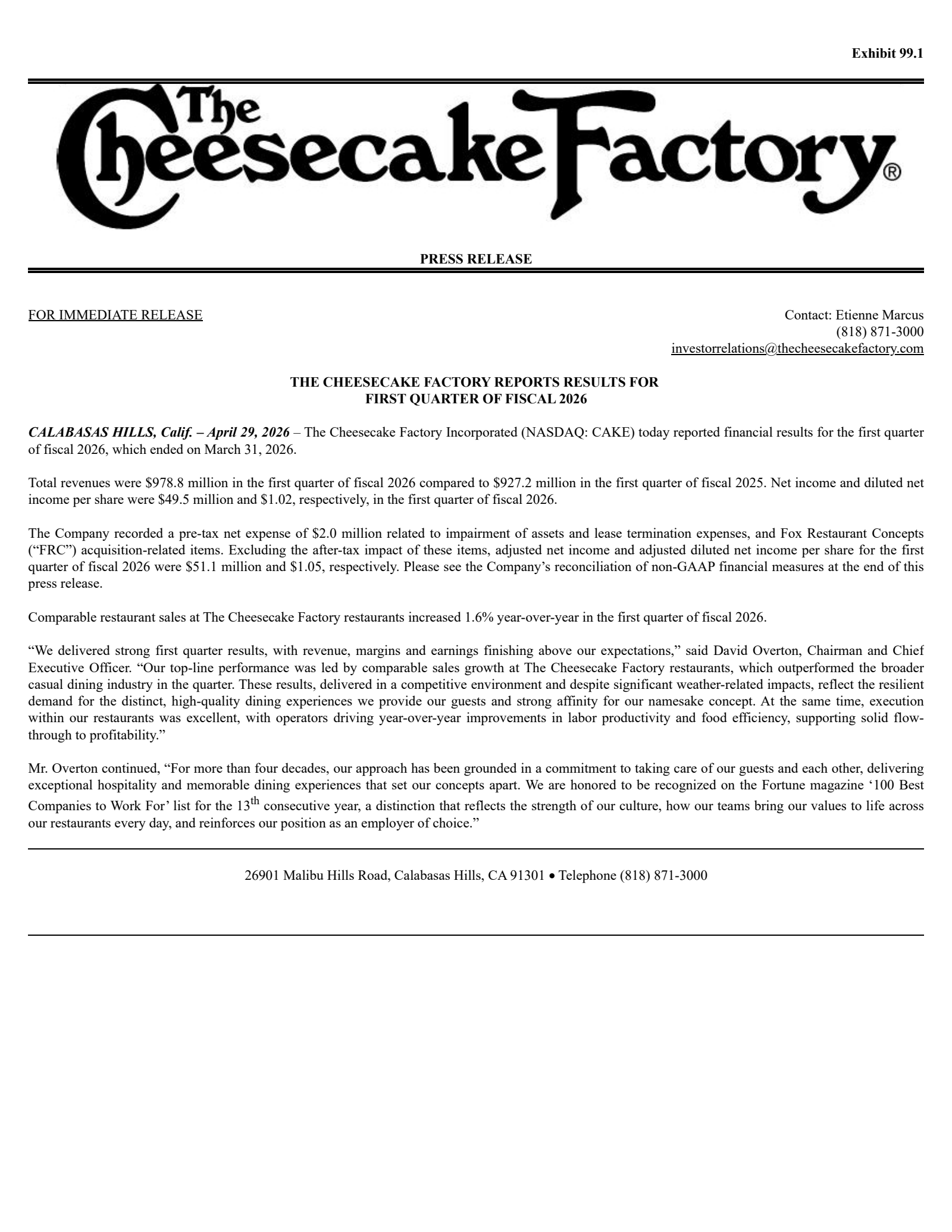Cheesecake Factory's Q1 2026 Press Release