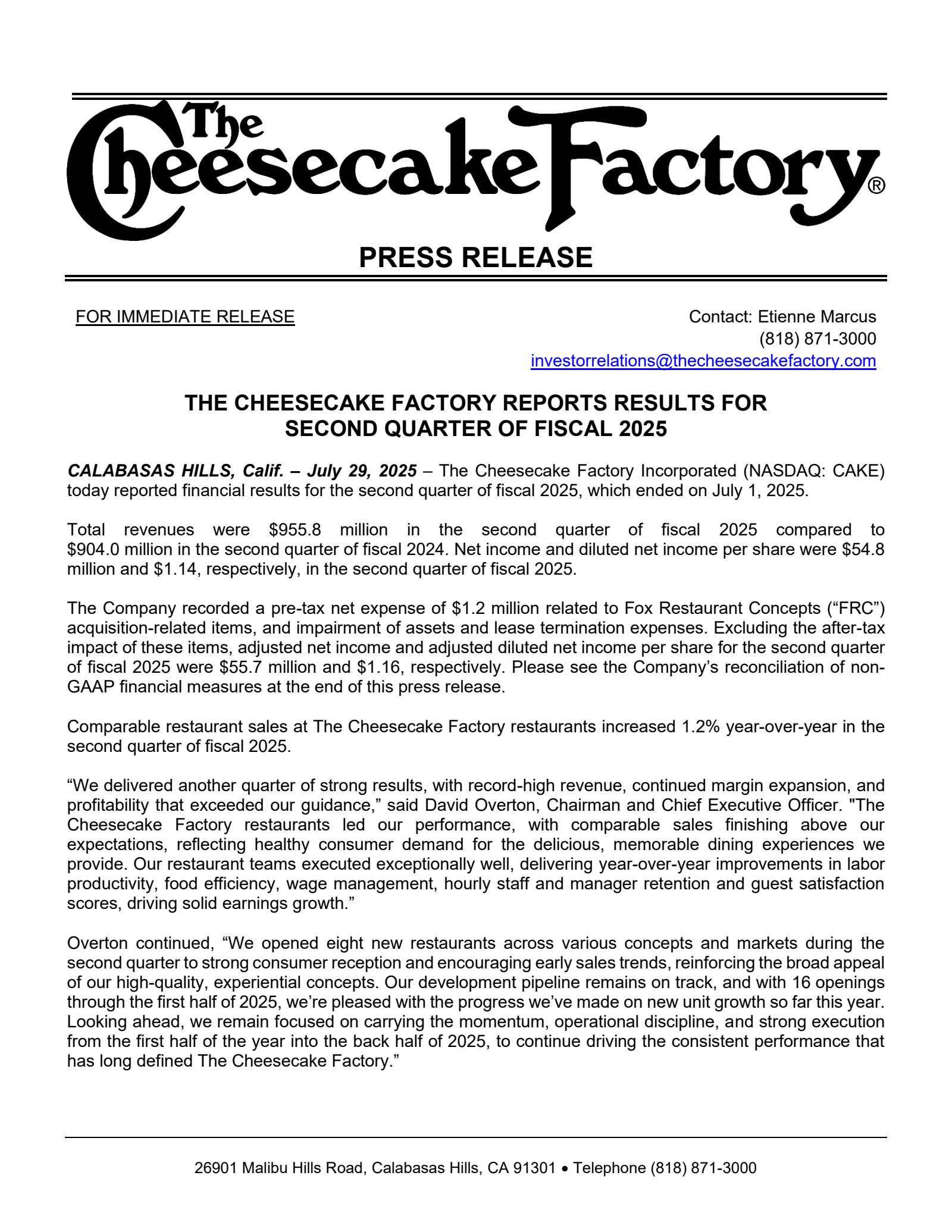 Cheesecake Factory's Q2 2025 Press Release