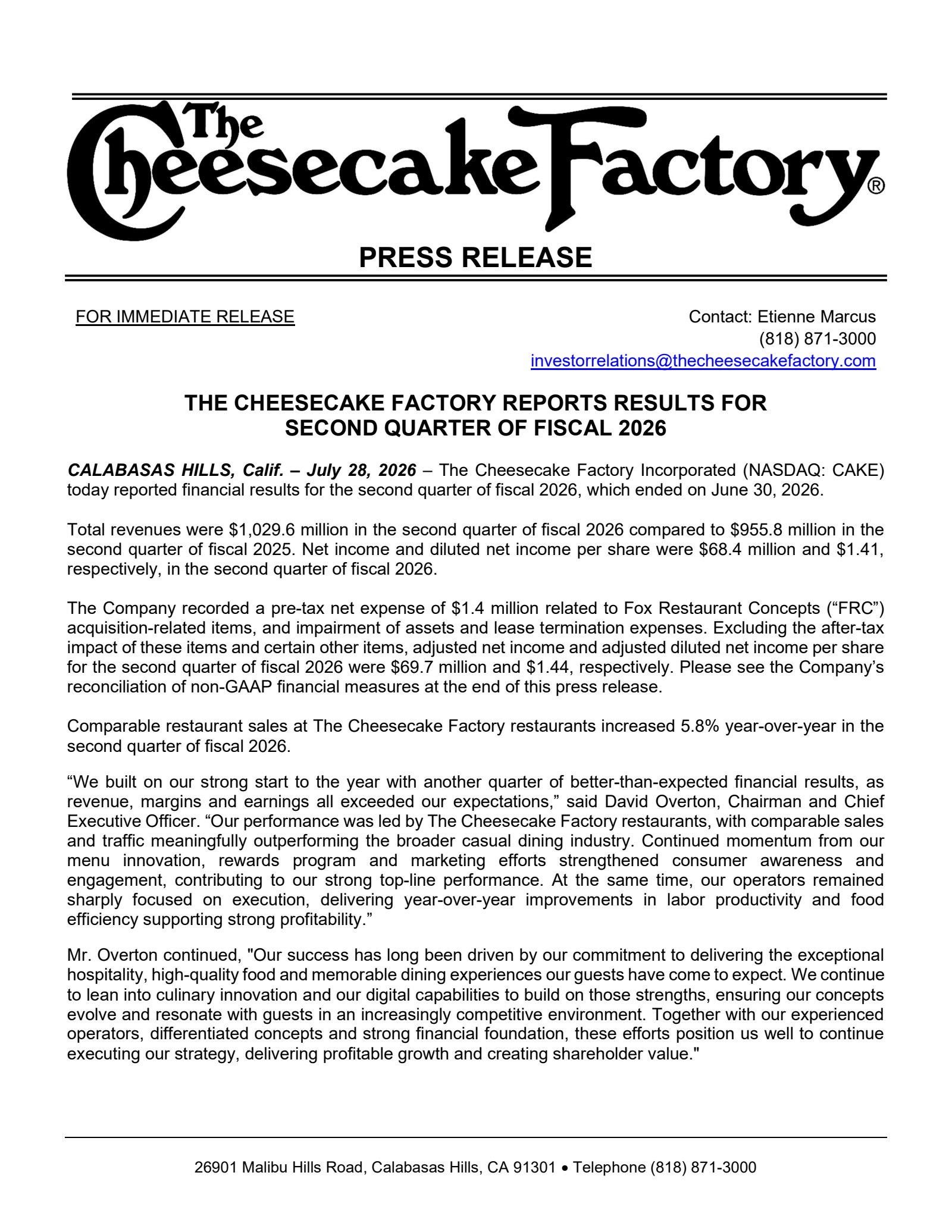 Cheesecake Factory's Q2 2026 Press Release