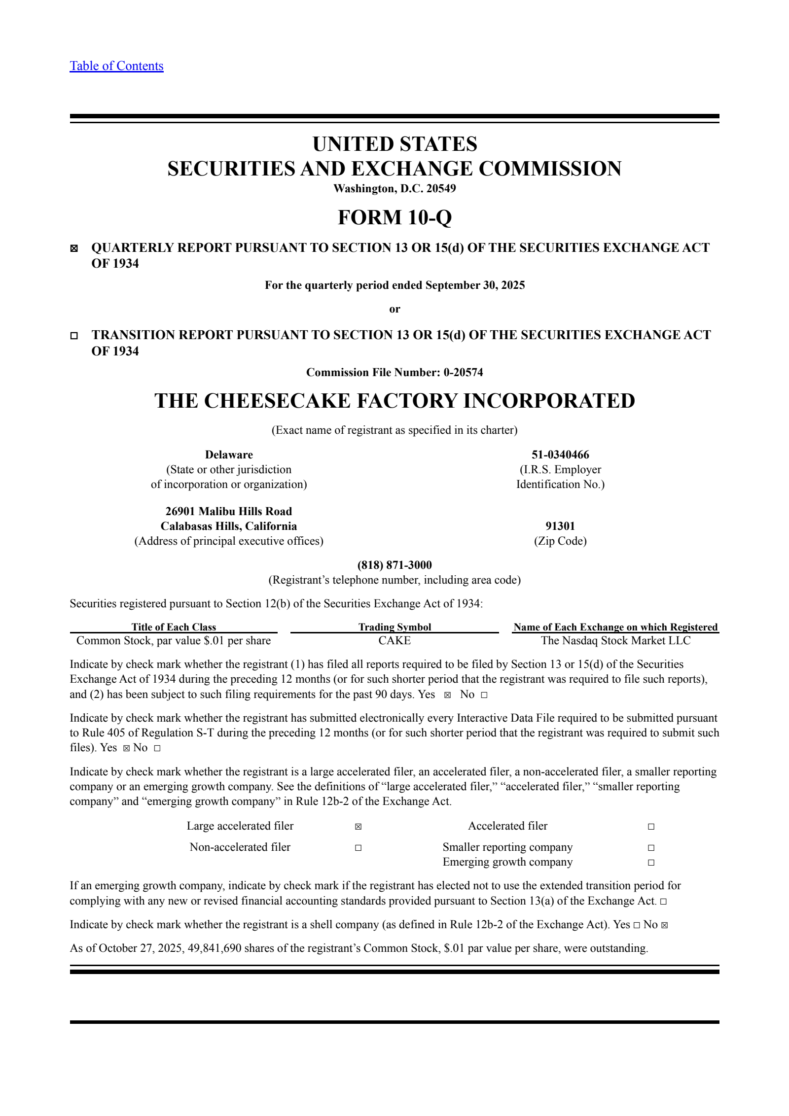 Cheesecake Factory's Q3 2025 Quarterly Report
