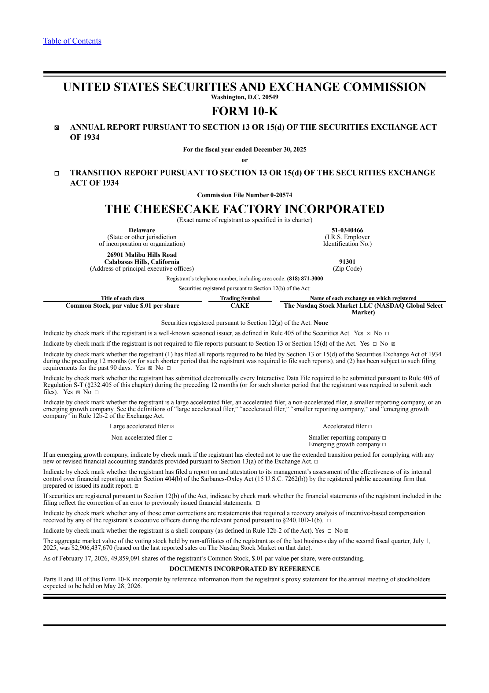 Cheesecake Factory's Q4 2025 Annual report