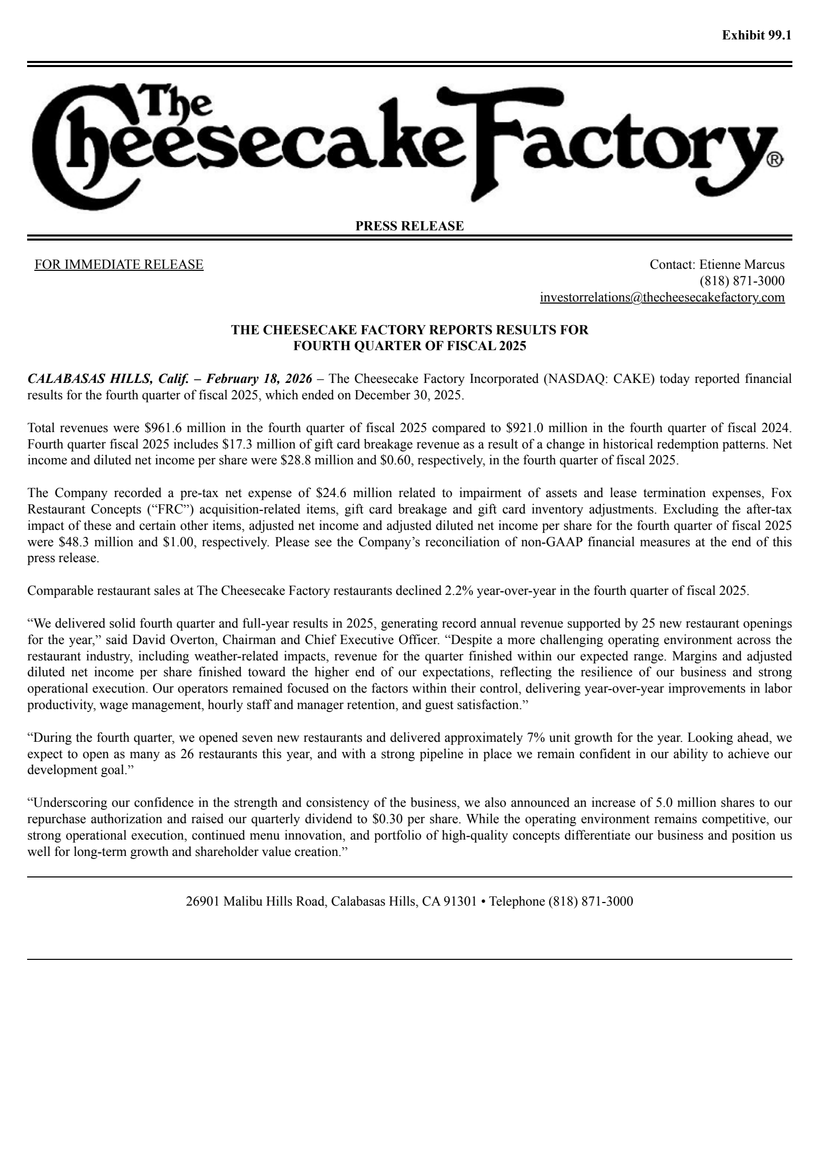 Cheesecake Factory's Q4 2025 Press Release