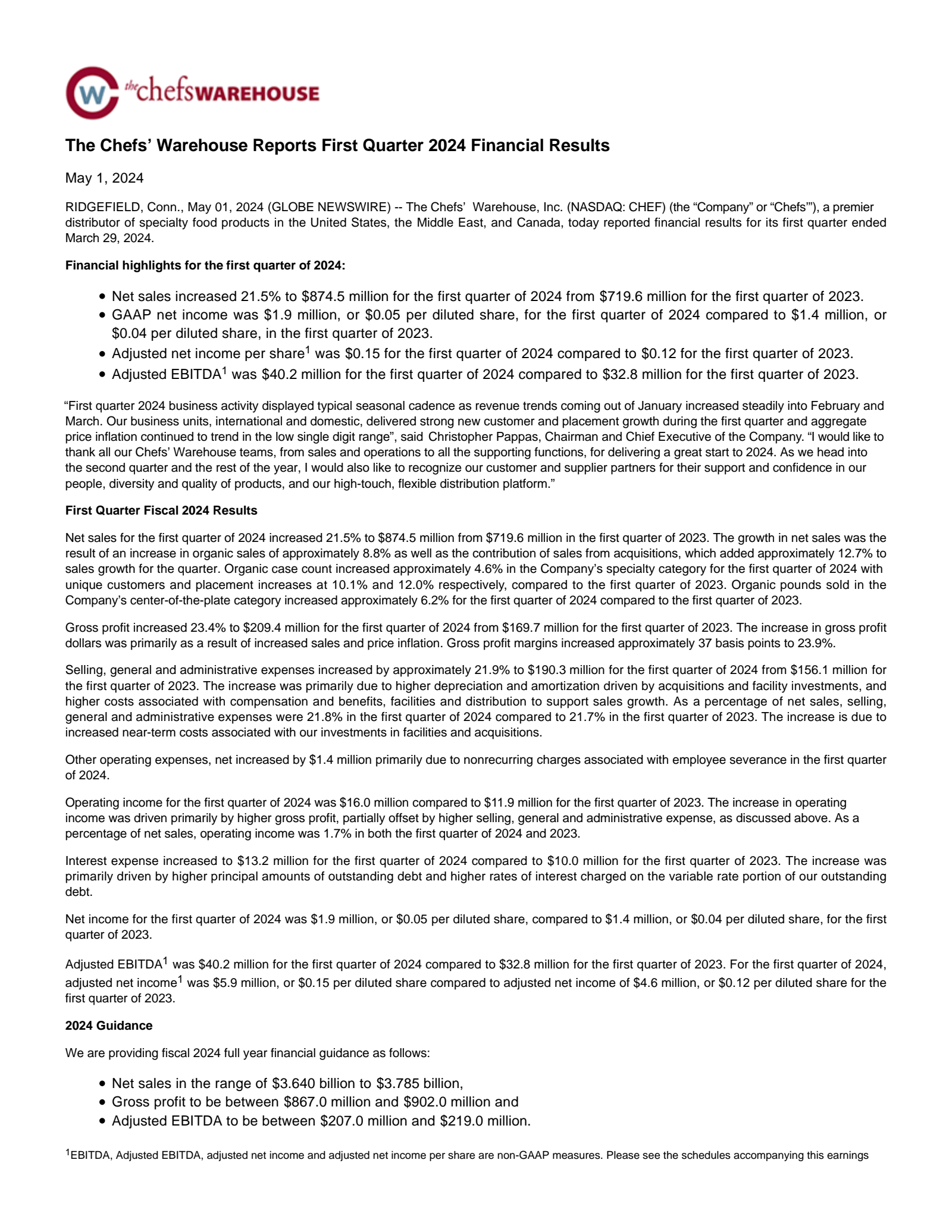 Chefs' Warehouse's Q1 2024 Press Release