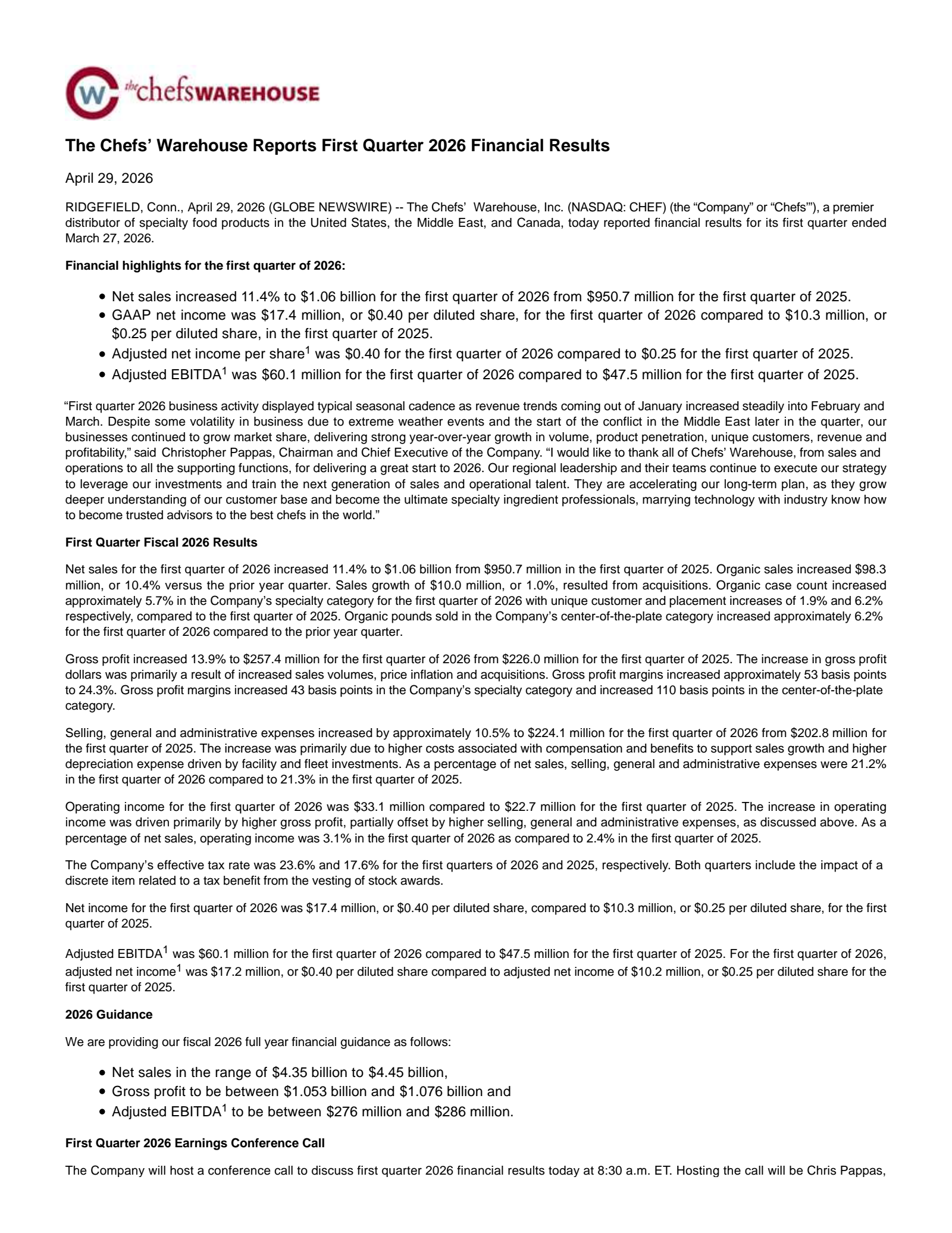 Chefs' Warehouse's Q1 2026 Press Release
