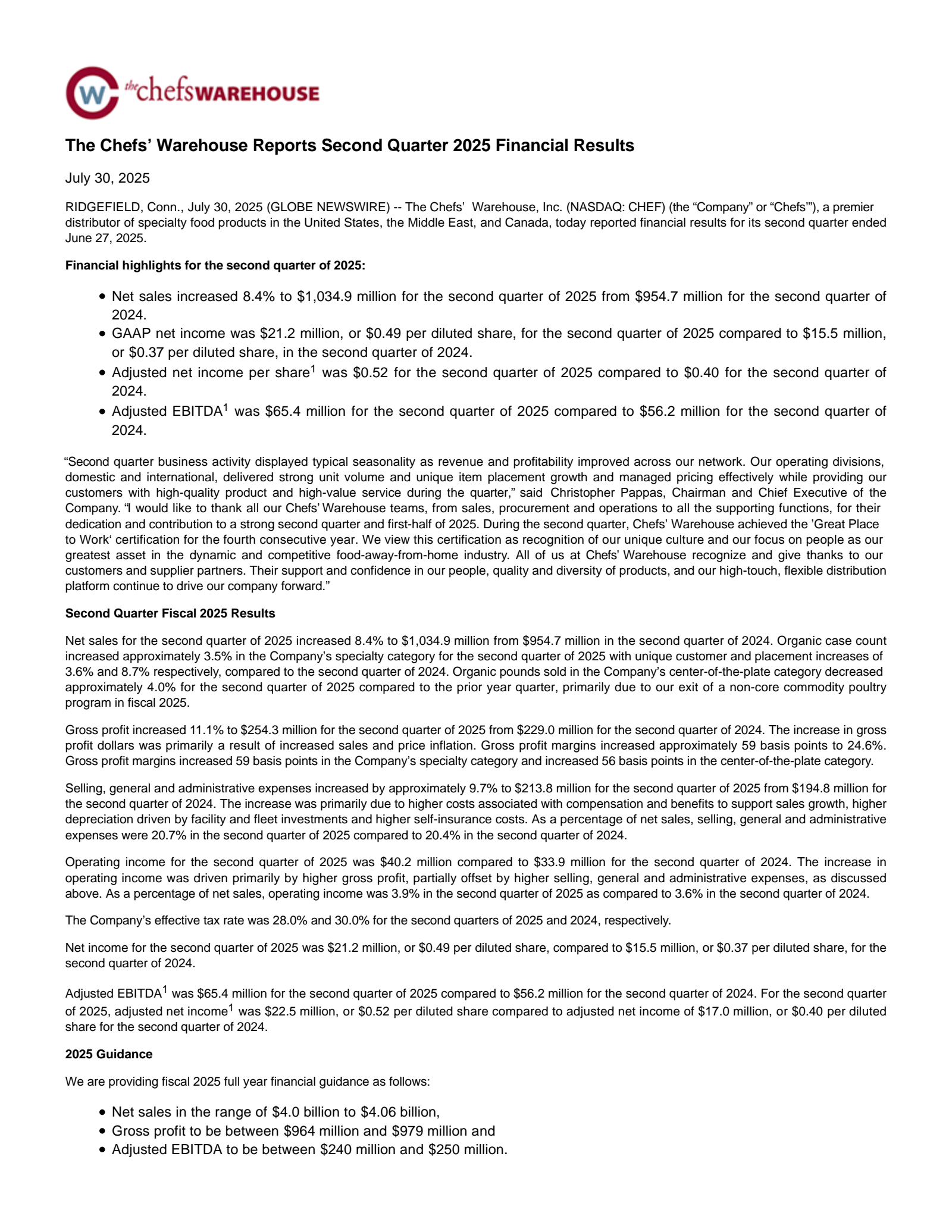 Chefs' Warehouse's Q2 2025 Press Release