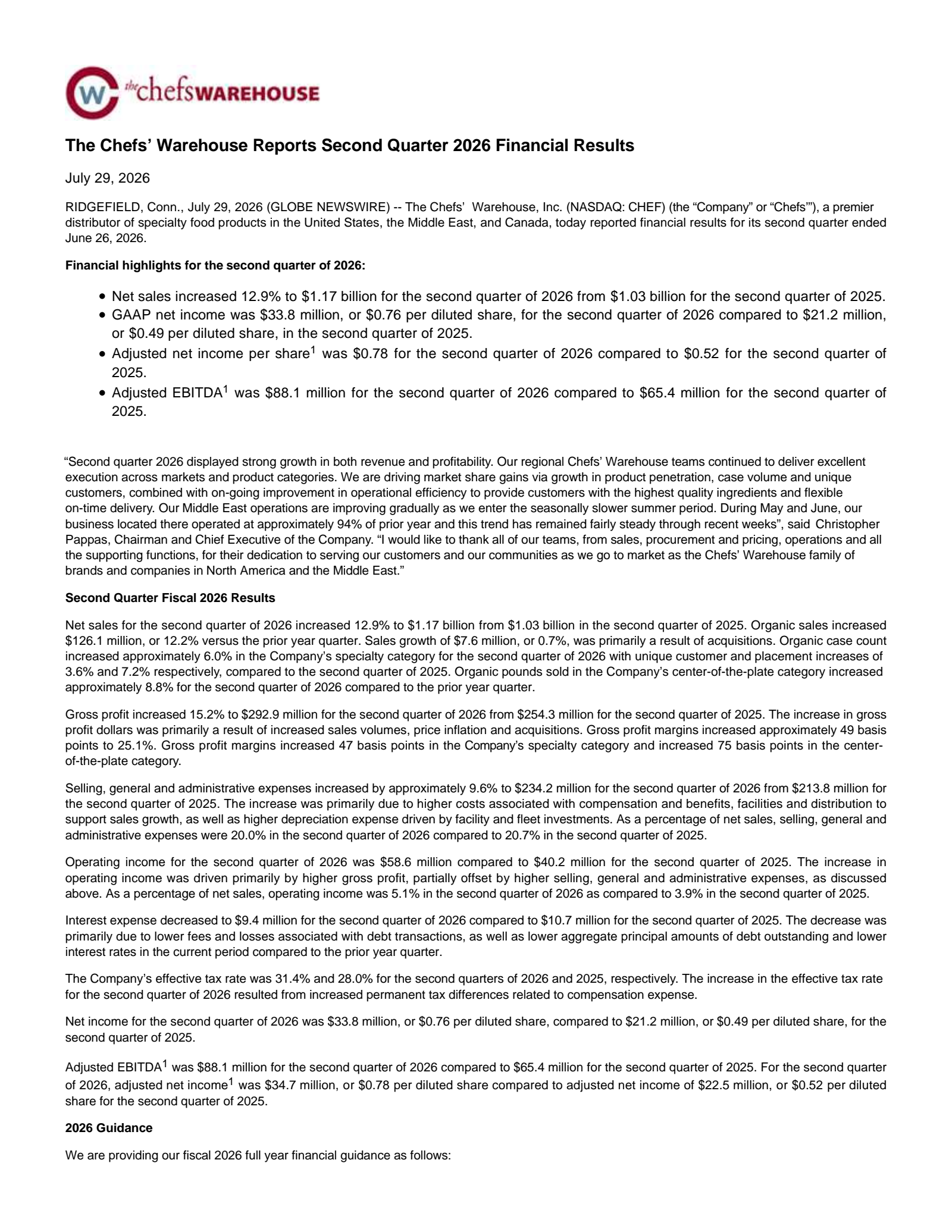 Chefs' Warehouse's Q2 2026 Press Release