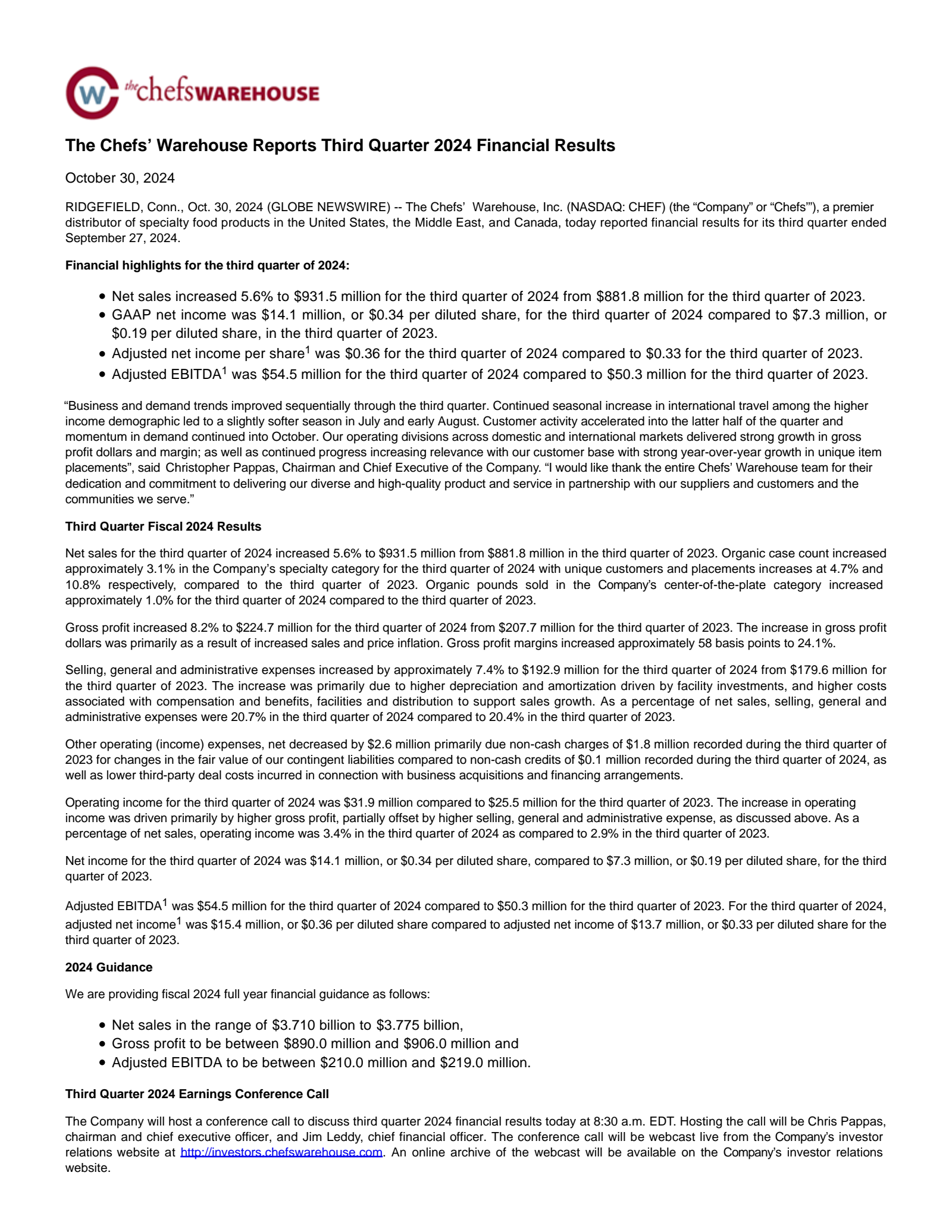 Chefs' Warehouse's Q3 2024 Press Release