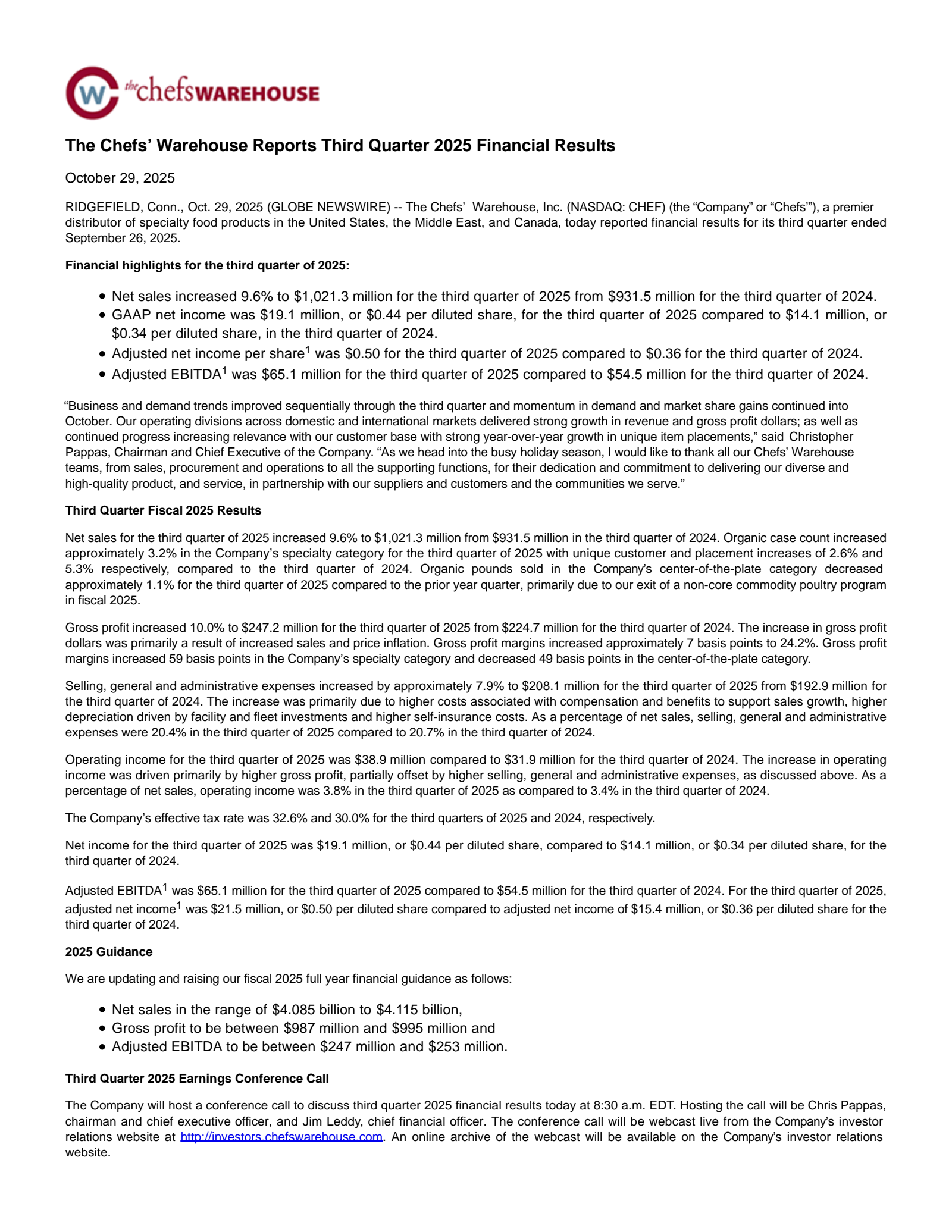Chefs' Warehouse's Q3 2025 Earnings Release