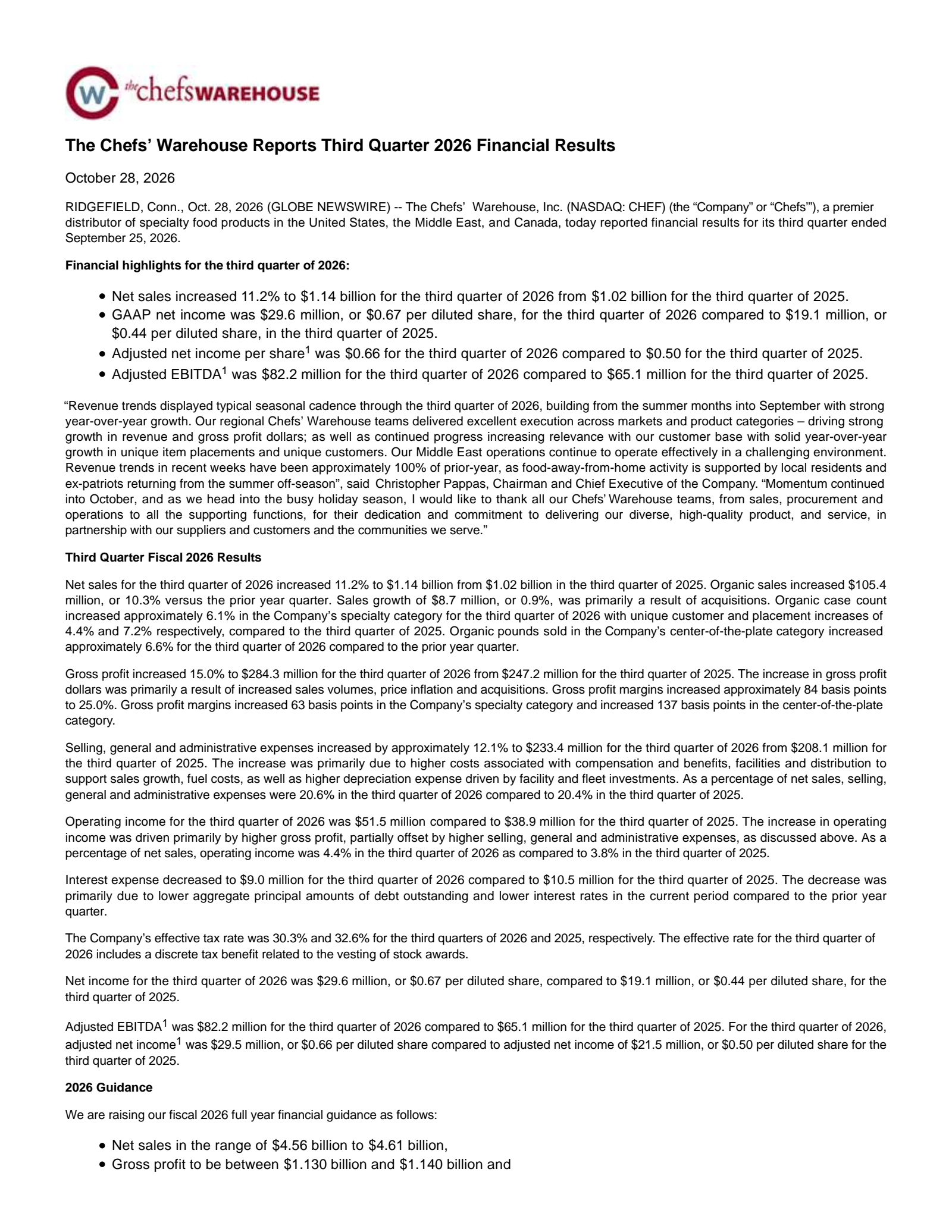 Chefs' Warehouse (CHEF) Q3 2026 Earnings Results & Report