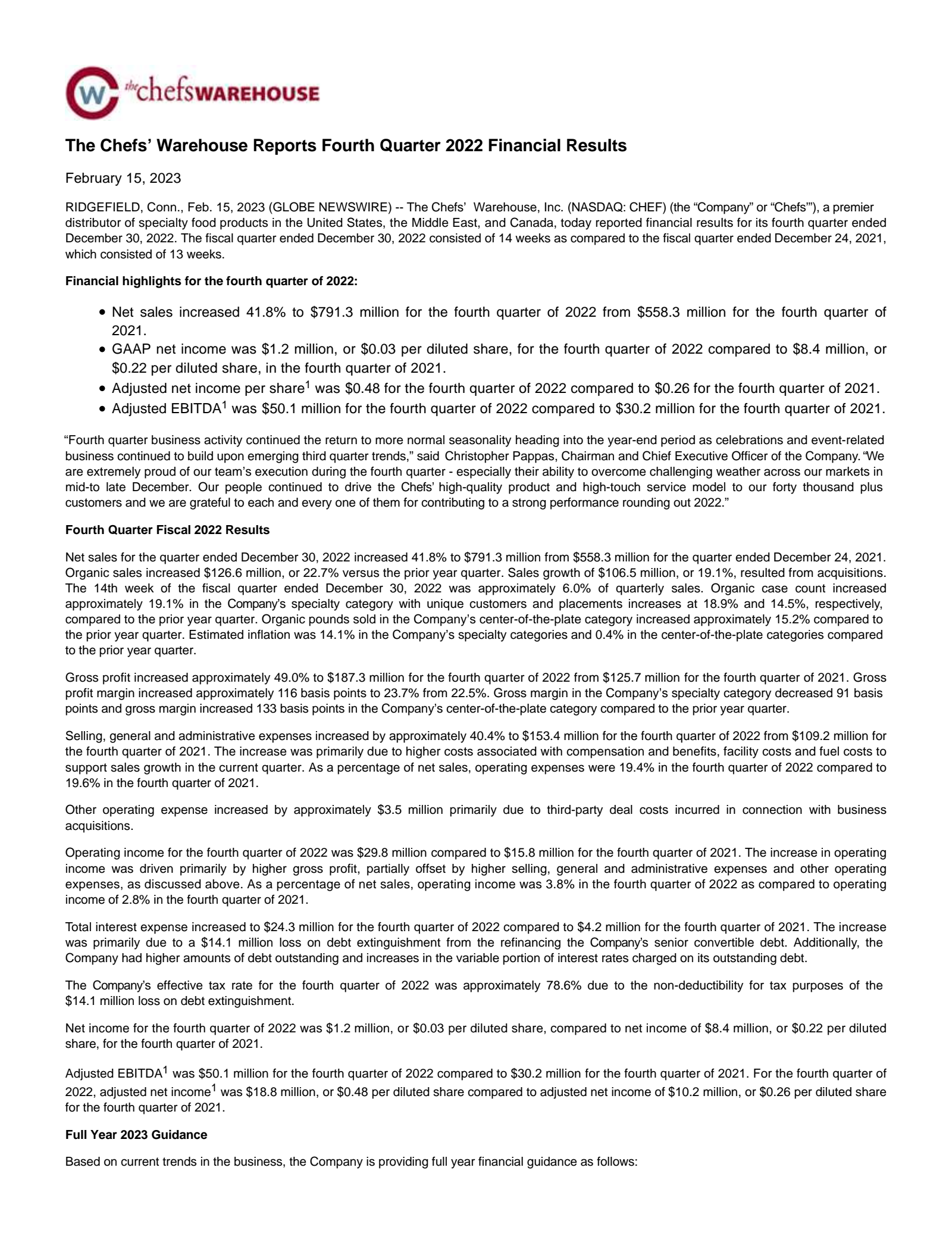 Chefs' Warehouse's Q4 2022 Press Release