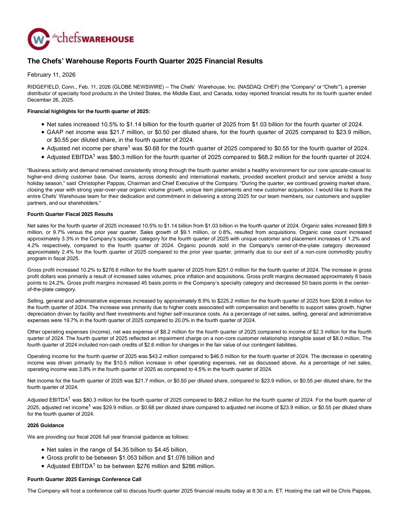 Chefs' Warehouse's Q4 2025 Press Release