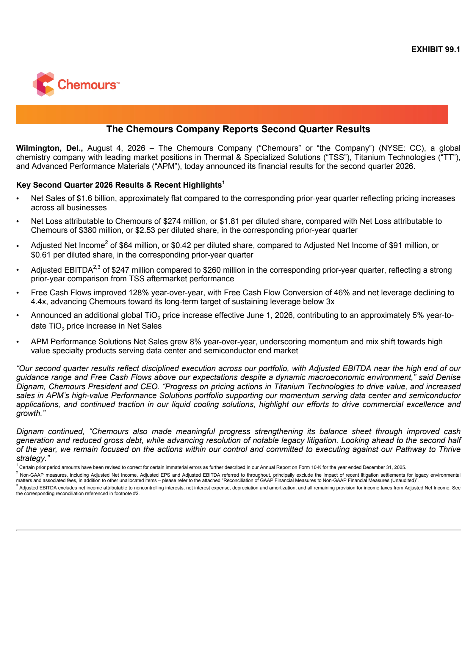 Chemours' Q2 2026 Press Release
