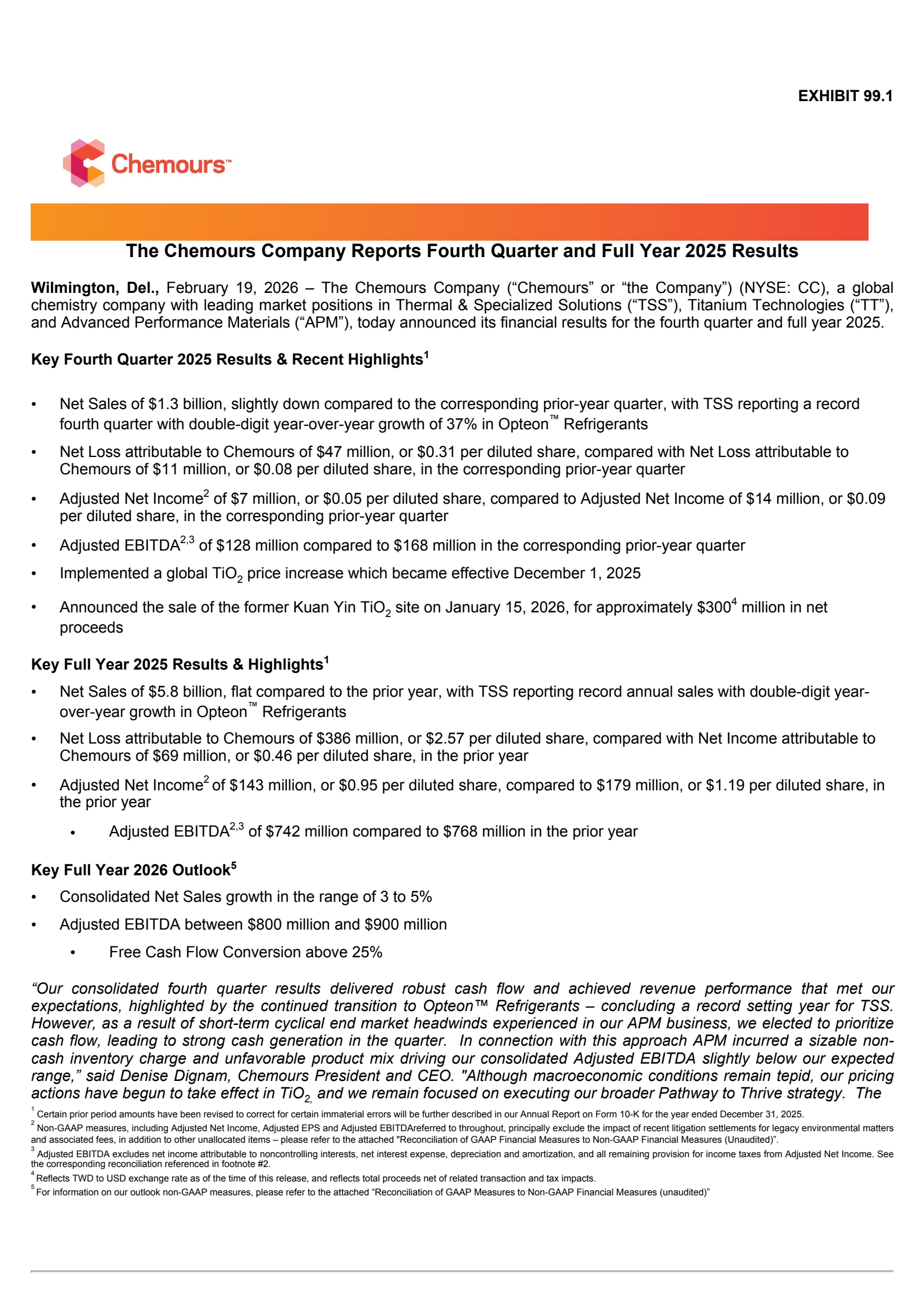 Chemours' Q4 2025 Press Release