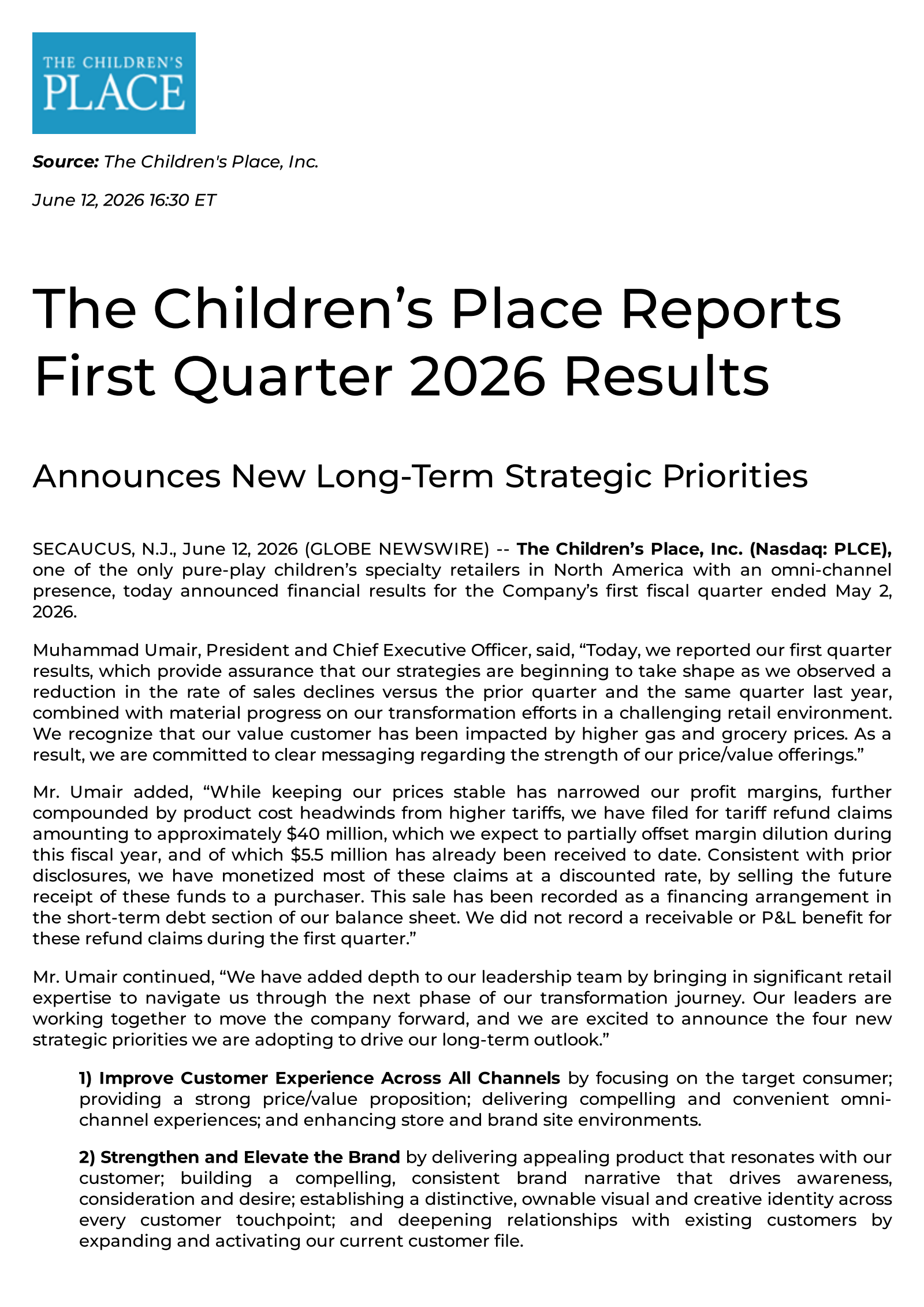 Children's Place's Q1 2027 Press Release