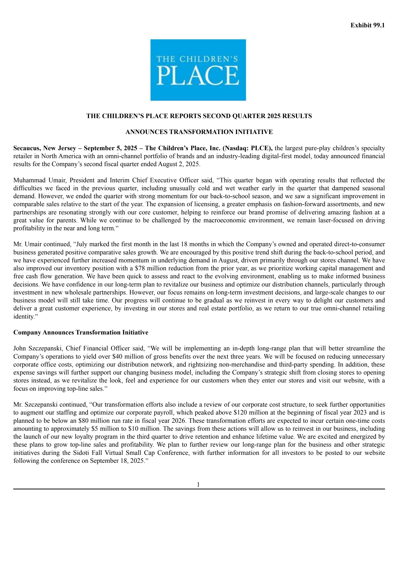Children's Place's Q2 2026 Press Release