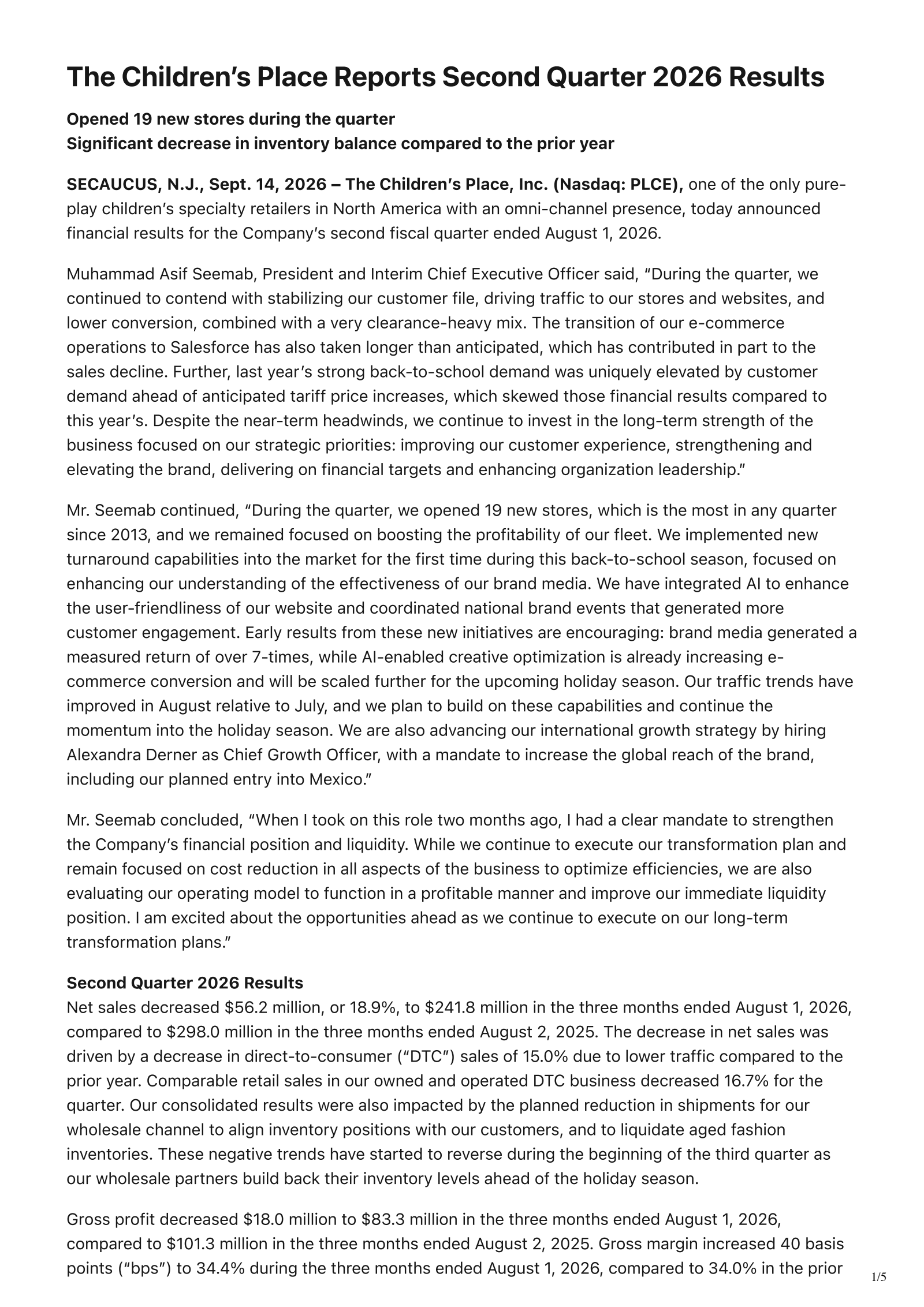 Children's Place's Q2 2027 Press Release