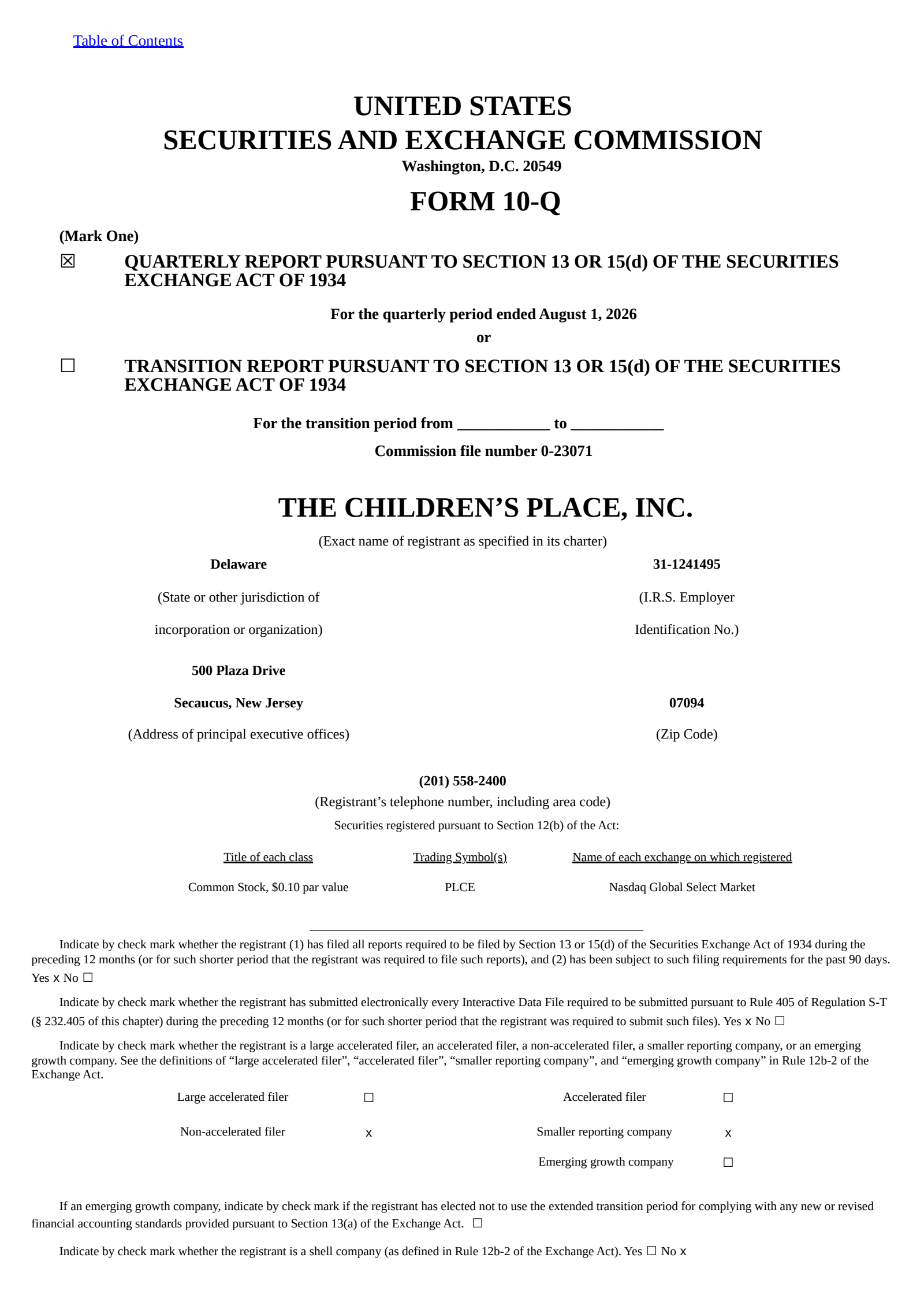 Children's Place's Q2 2027 Quarterly report