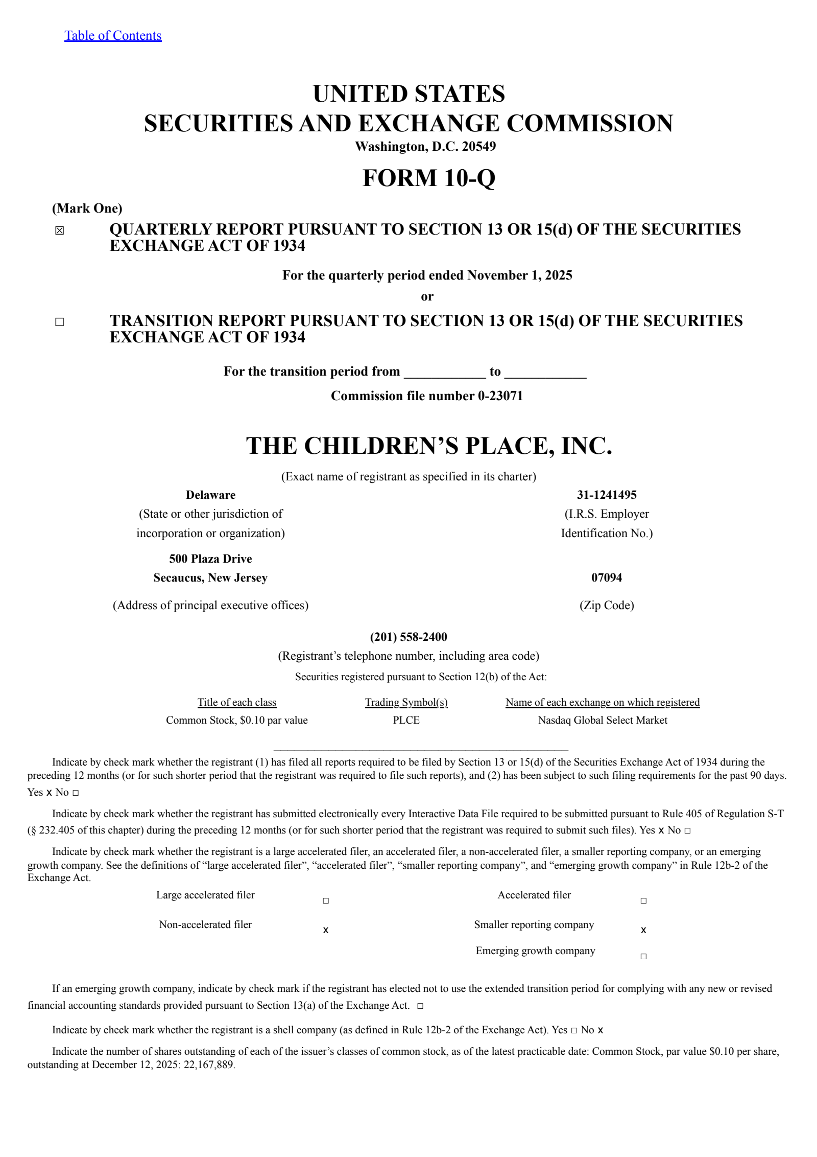 Children's Place's Q3 2026 Quarterly Report
