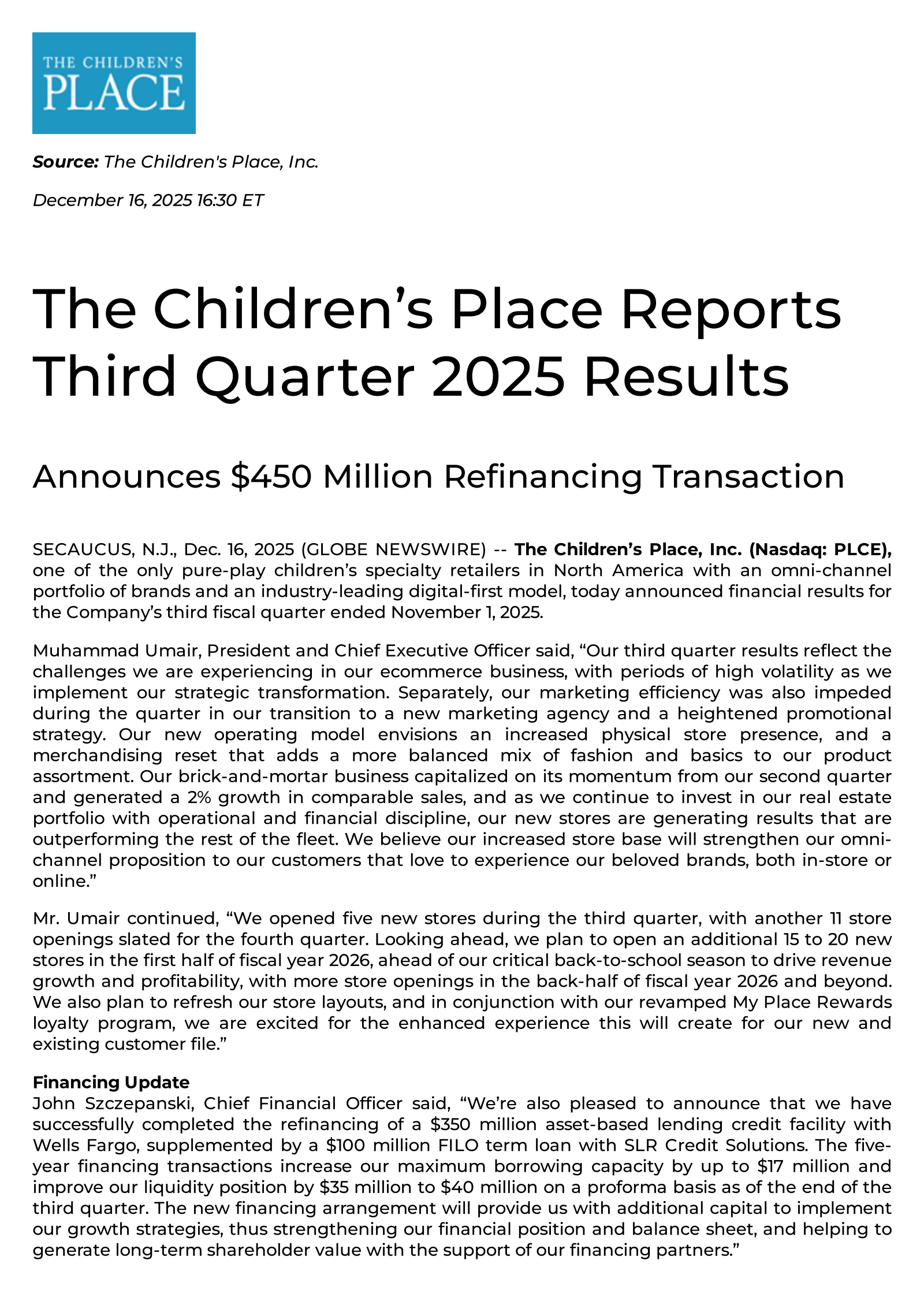 Children's Place's Q3 2026 Earnings Release
