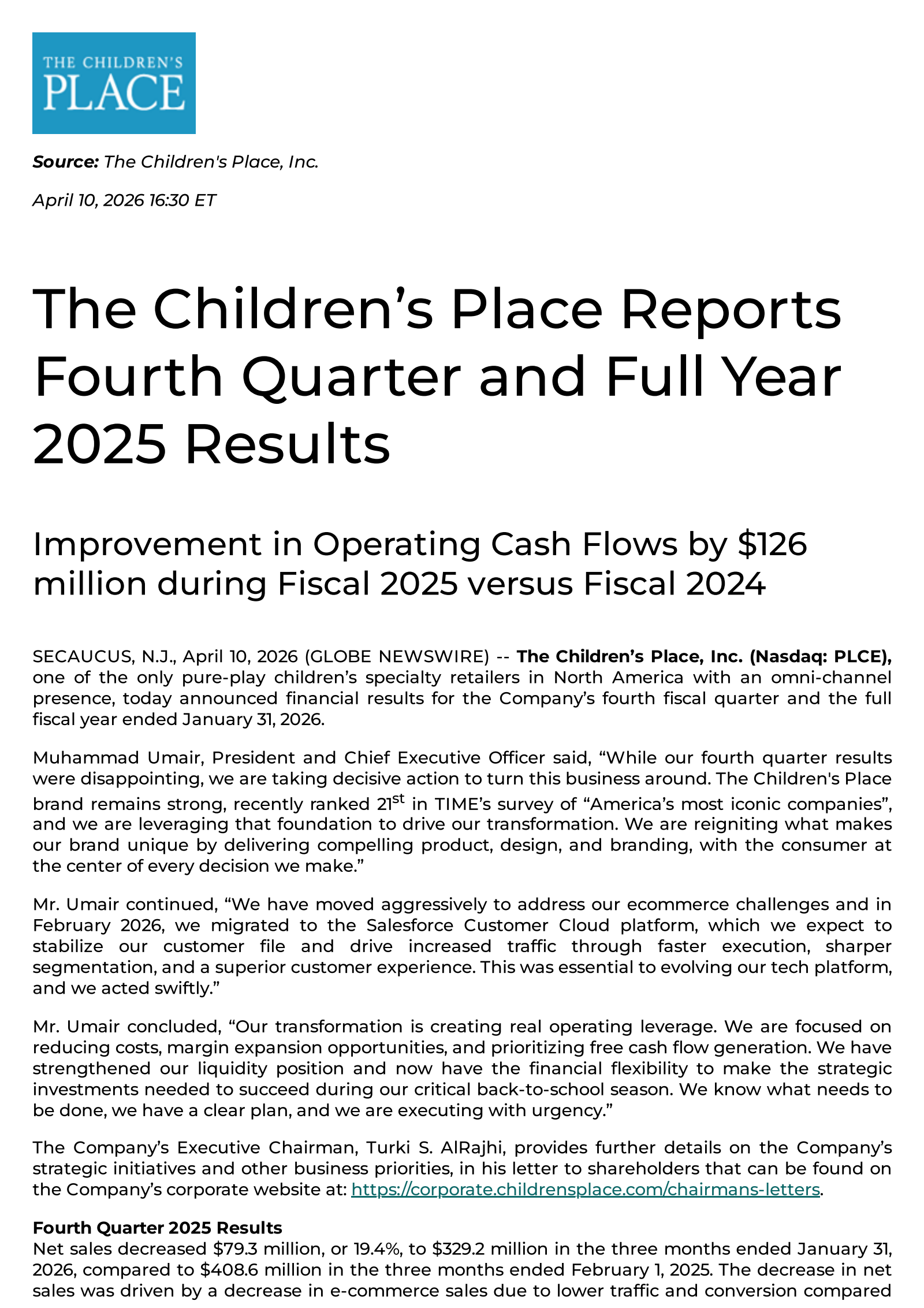 Children's Place's Q4 2026 Press Release