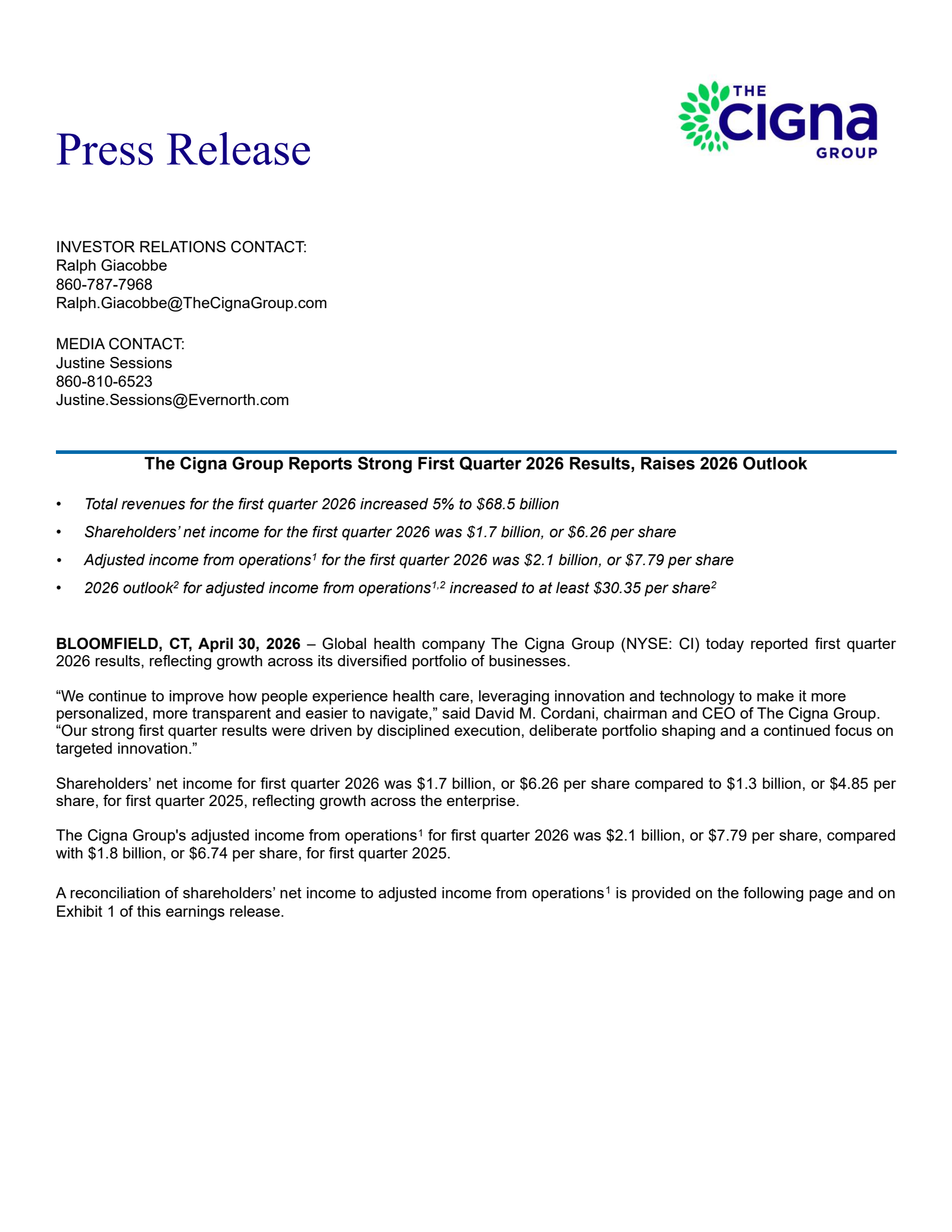 CI Q1 2026 Earnings Report on 4/30/2026