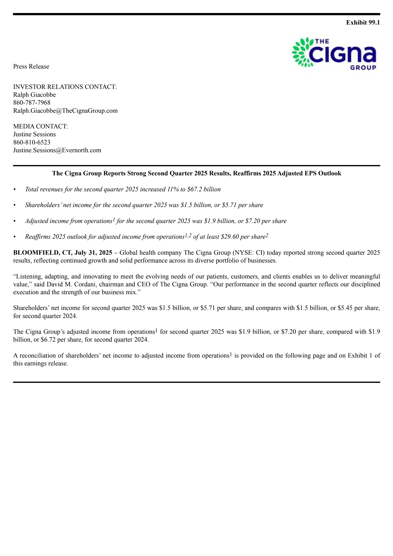Cigna Group's Q2 2025 Press Release