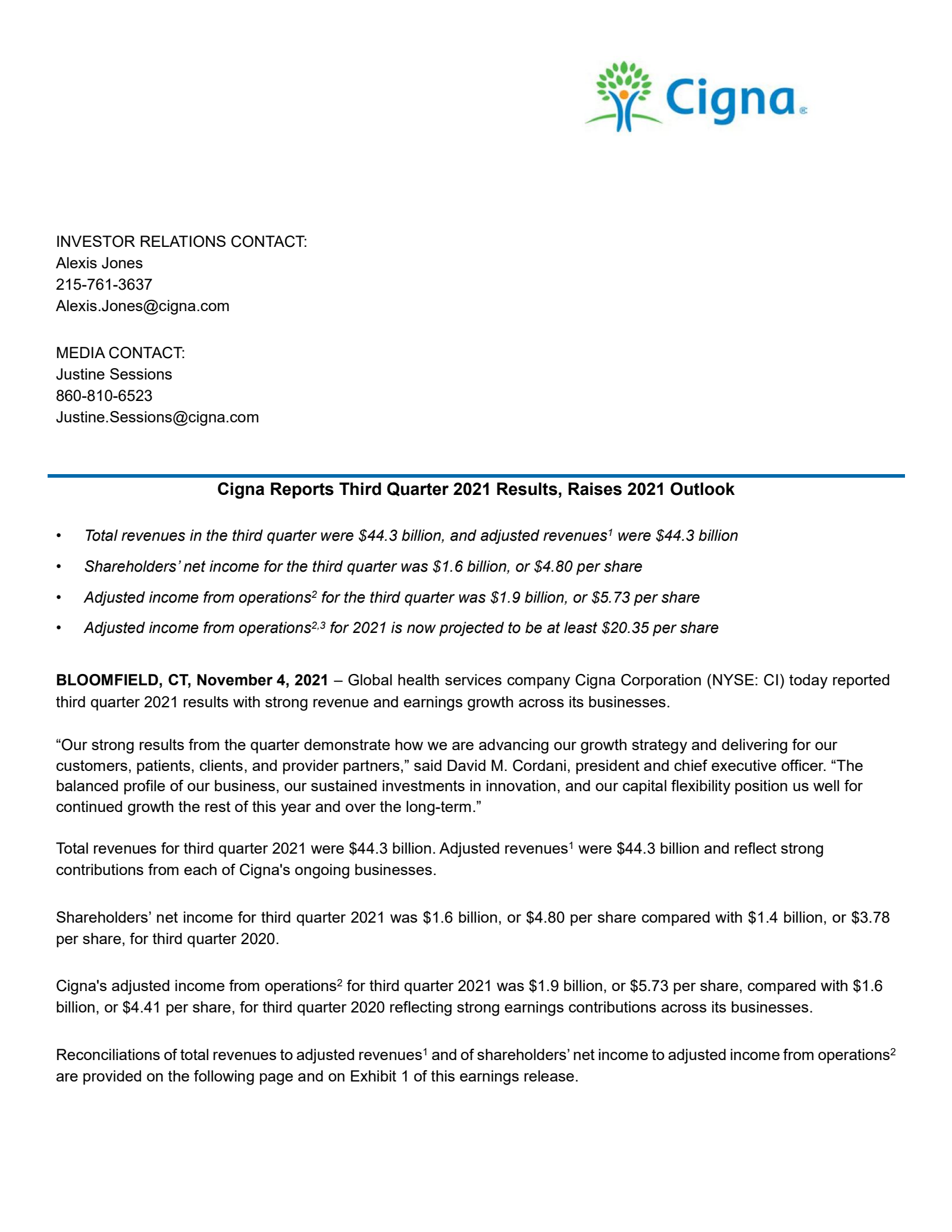 Cigna Group's Q3 2021 Press Release