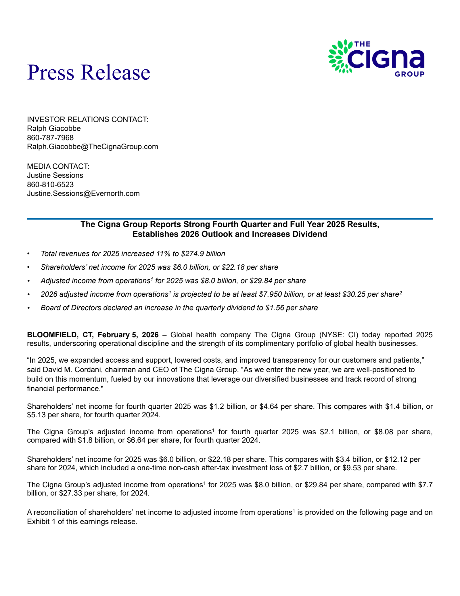 Cigna Group's Q4 2025 Press Release