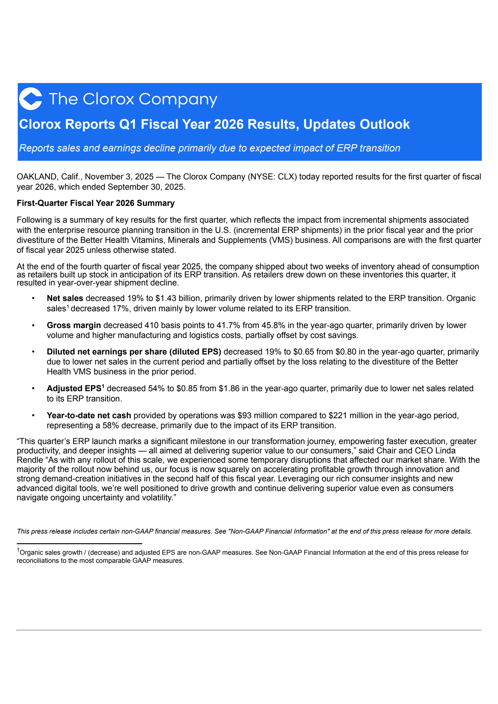 Clorox's Q1 2026 Earnings Release