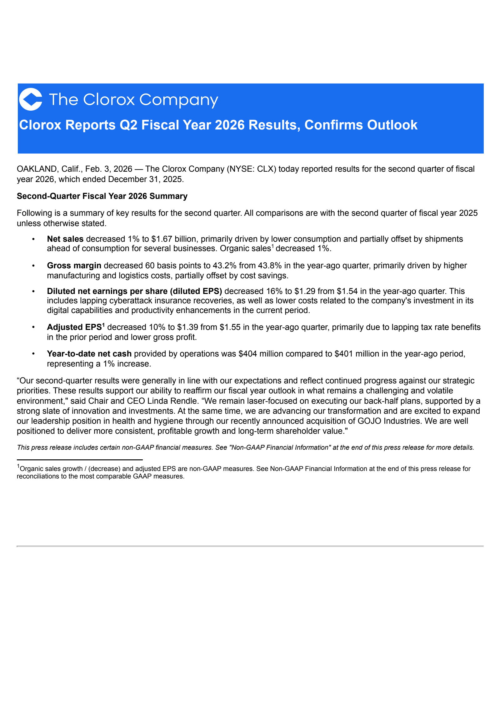 Clorox's Q2 2026 Press Release