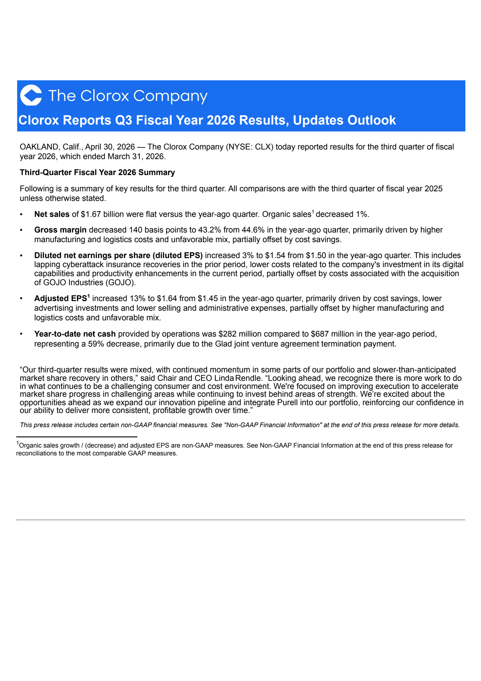 Clorox's Q3 2026 Press Release