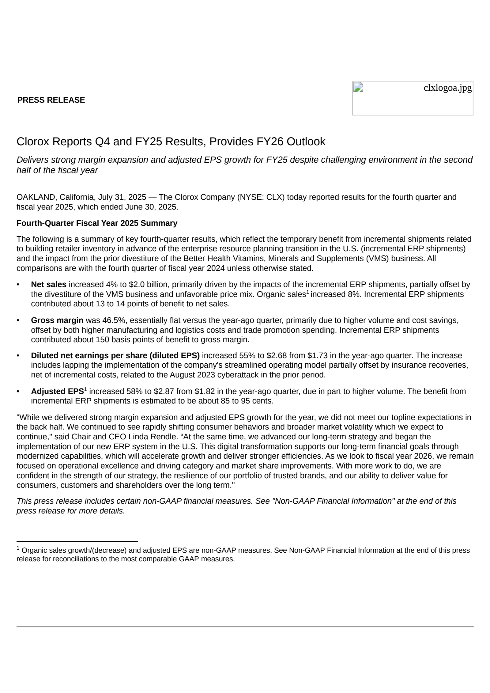 Clorox's Q4 2025 Press Release